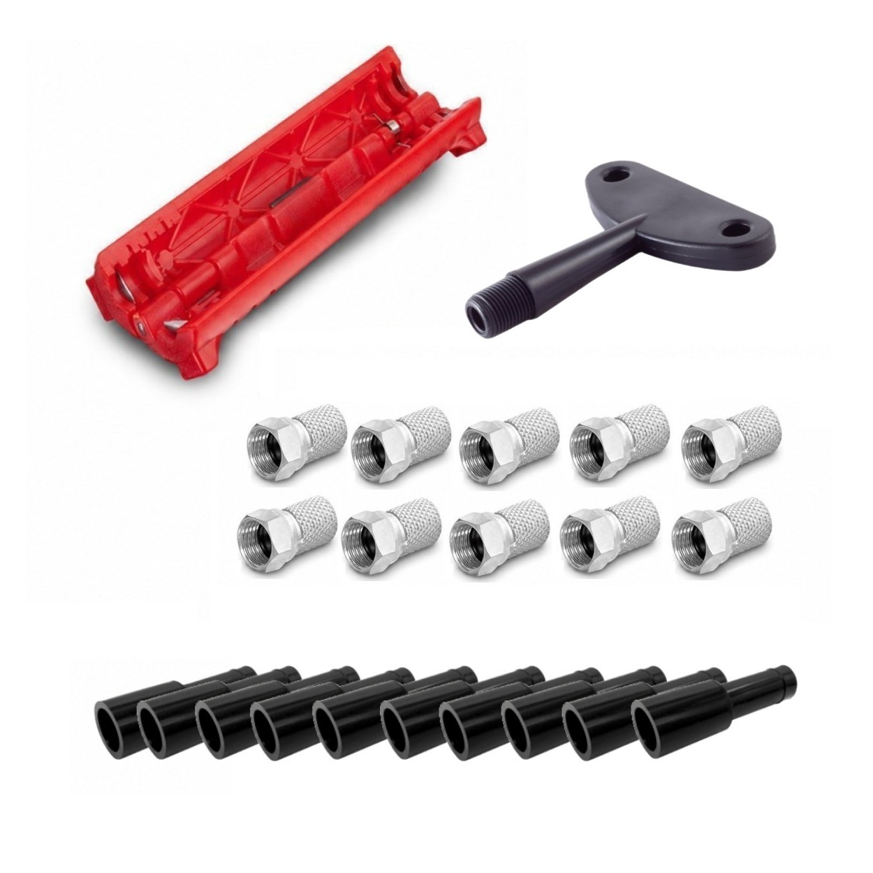 ARLI Kabel Montage Werkzeug Set – Abisoliermesser + Aufdrehhilfe + 10x F-Stecker + 10 Gummitüllen