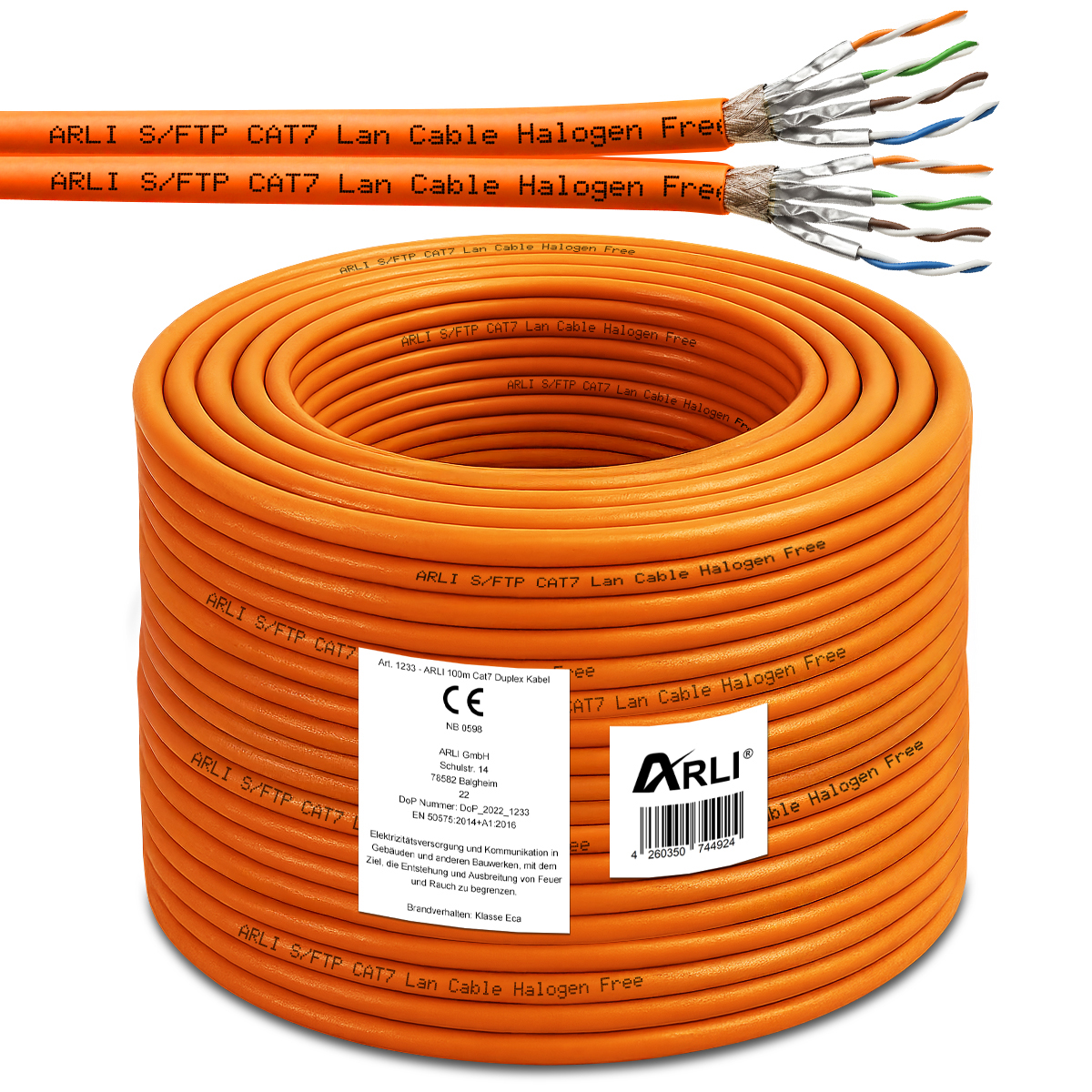 ARLI 100m Cat7 Duplex Verlegekabel S/FTP PIMF halogenfrei LSZH Twin Netzwerkkabel für feste Installation orange ARLI 100m Cat7 Duplex Verlegekabel S/FTP PIMF halogenfrei LSZH Twin Netzwerkkabel für feste Installation orange