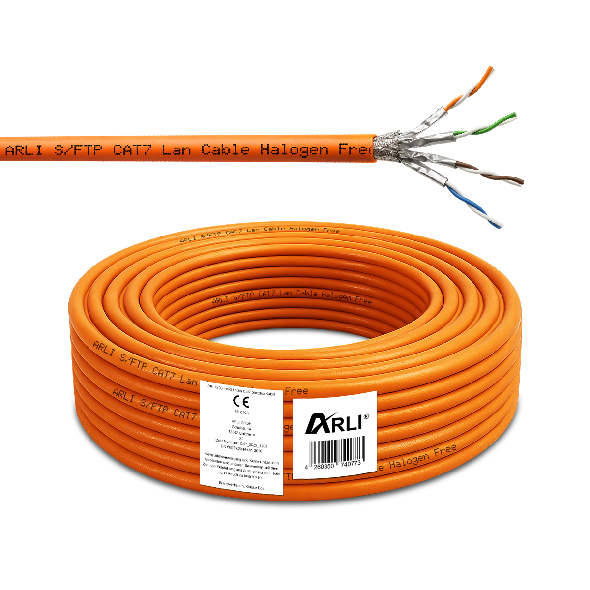 ARLI Cat7 50m Verlegekabel S/FTP PIMF Halogenfrei Netzwerkkabel