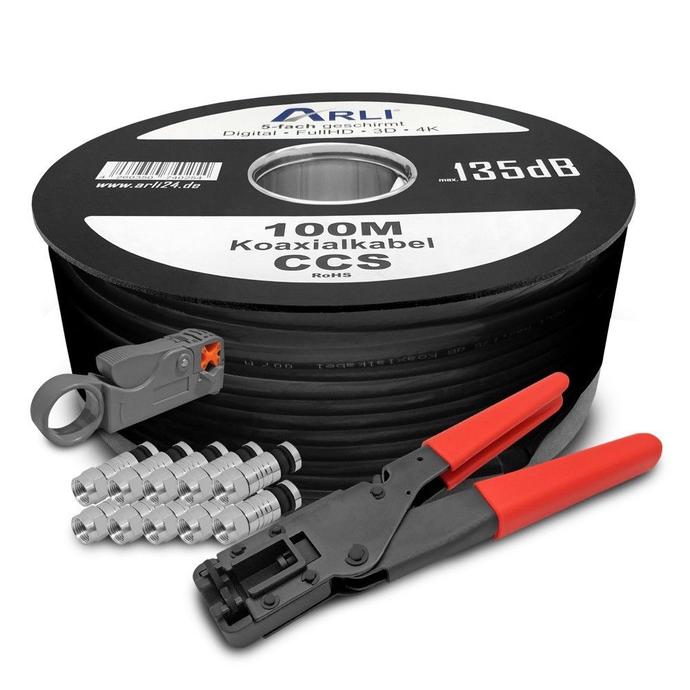 Koaxialkabel100-schwarz-Zange-Abisolierer-10Stecker 100m Koaxialkabel schwarz 135dB + Kompressionszange + Abisoliermesser + 100x Stecker Kabel 135dB satelliten kabel digitaltauglich konfektionierte TV-Kabel DVB-S DVB-C DVB-T 4-fach 5fach schirmung meterware verlegekabel Adapter doppel schüssel 130db 120db