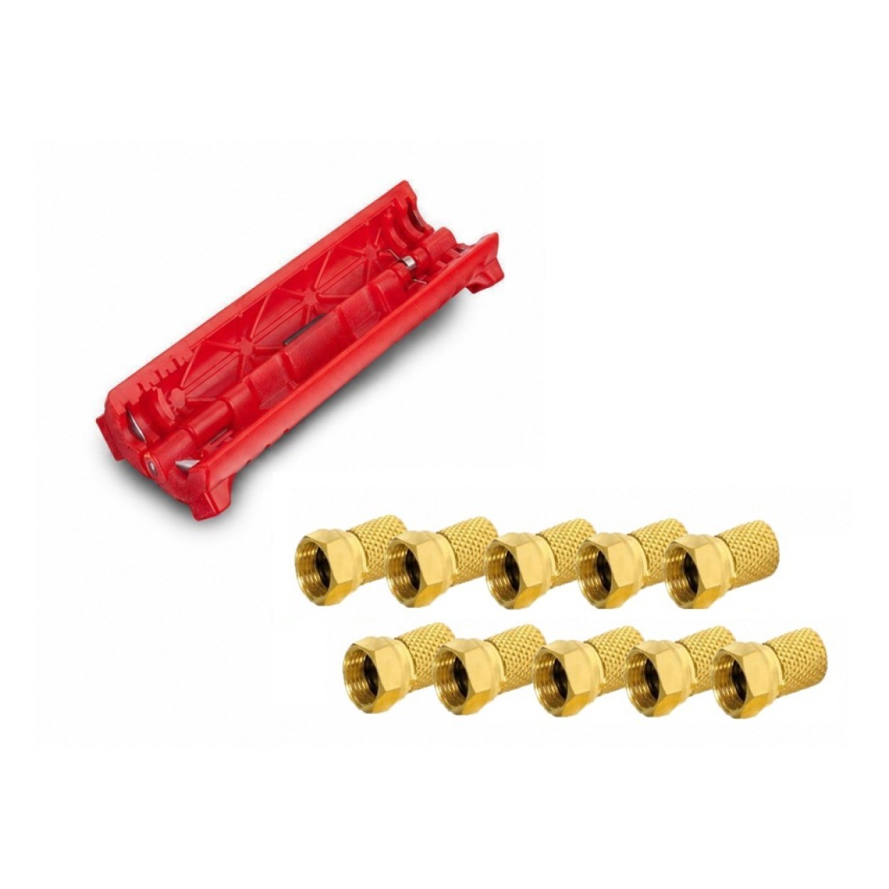 ARLI Abisoliermesser + 10x F - Stecker vergoldet Kompressionsstecker vergoldet gold Kompressionszange kleine Ausführung Crimpzange crimpen Presszange Wasserdicht montieren Kabel 135dB satelliten kabel digitaltauglich konfektionierte TV-Kabel DVB-S DVB-C D
