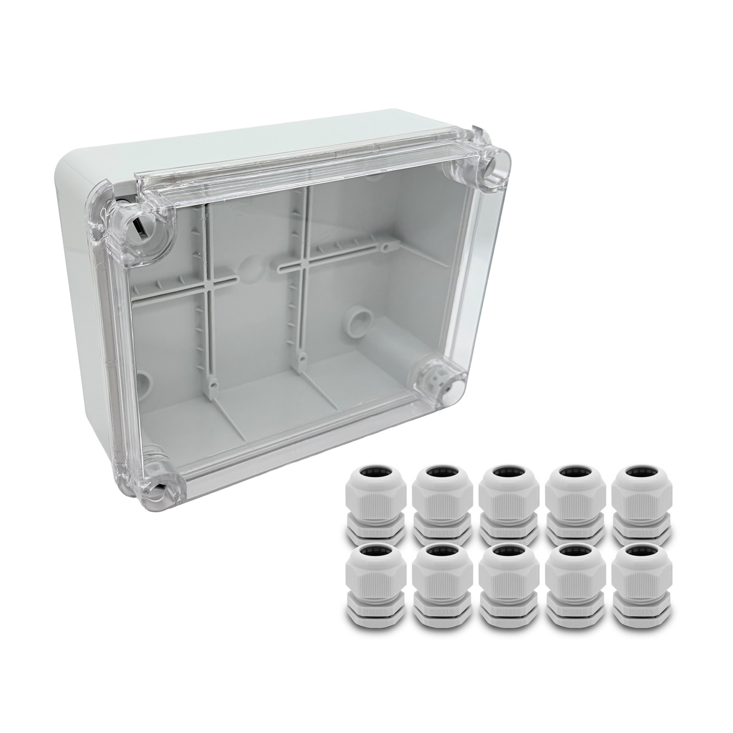 ARLI Abzweigdose IP67 Sichttür 190 x 145 x 80 mm + 10x Kabelverschraubungen M25 x 1,5 mm