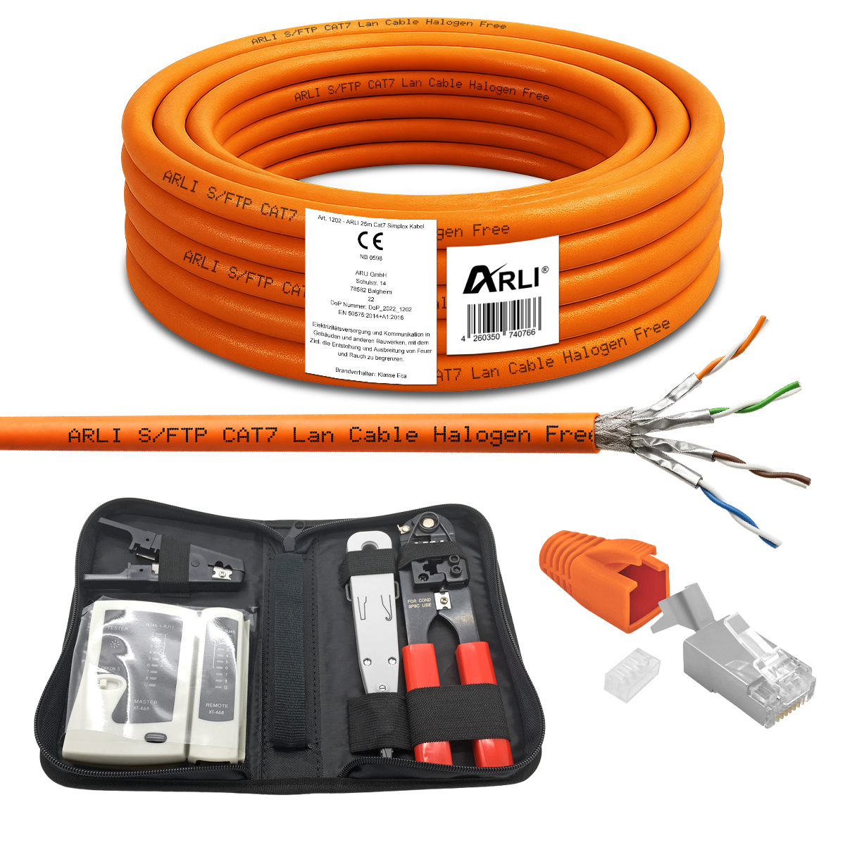 ARLI 25 m Cat7 Verlegekabel + 20x RJ45 Stecker + Netzwerk Werkzeugset Crimpzange LSA Tester Messer Abisolierer LSZH