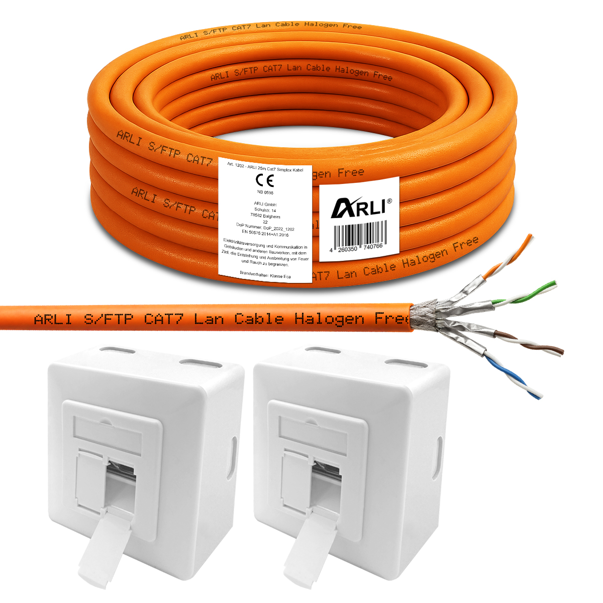 ARLI 25 m Cat7 Verlegekabel S/FTP LSZH + 2x Cat6a Netzwerkdose – Netzwerkkabel Set