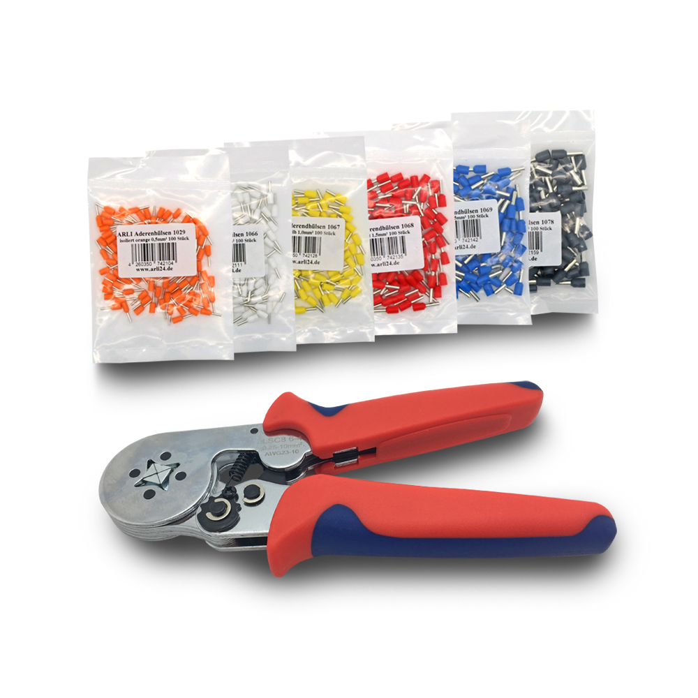 Crimpzange-Aderenhuelse-set arli crimpzange handcrimpzange aderenhülsen isoliert aderendhülse kabelschuhe abisolierzange crimp zange klemmen quetverbinder quetschverbinder verbinder schaltschrank werkzeug presszange sortiment set