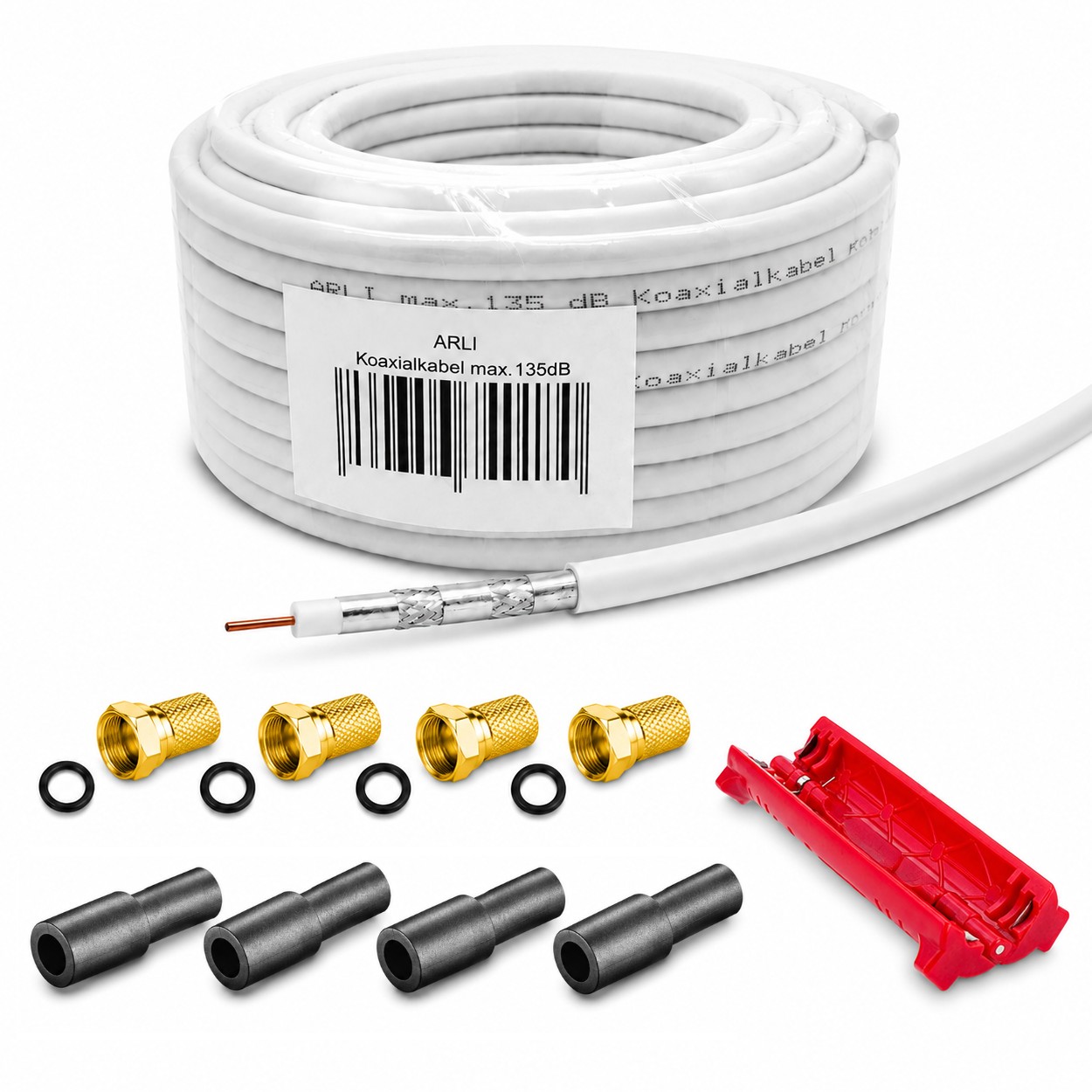 50m ARLI Koaxialkabel max. 135dB + 4x F-Stecker vergoldet + 4x Gummitülle + Abisoliermesser Kabel 135dB satelliten kabel digitaltauglich konfektionierte TV-Kabel DVB-S DVB-C DVB-T 4-fach 5fach schirmung meterware verlegekabel Adapter doppel schüssel 130db