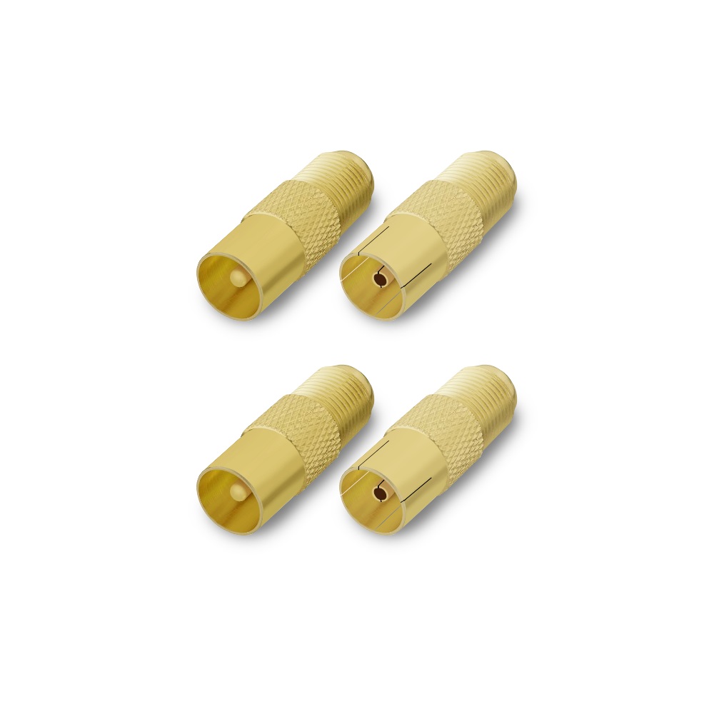 TV Adapter vergoldet IEC 9,5 mm 2x Stecker + 2x Kupplung Adapter Testsieger günstig Top Preis Preisleistung super kaufen Opticum HD Digital GigaBlue Hama Technisat Kathrein Fuba Smart Inverto Humax Venton Wandhalter 60cm 80cm switch Anschluss Gummitülle T