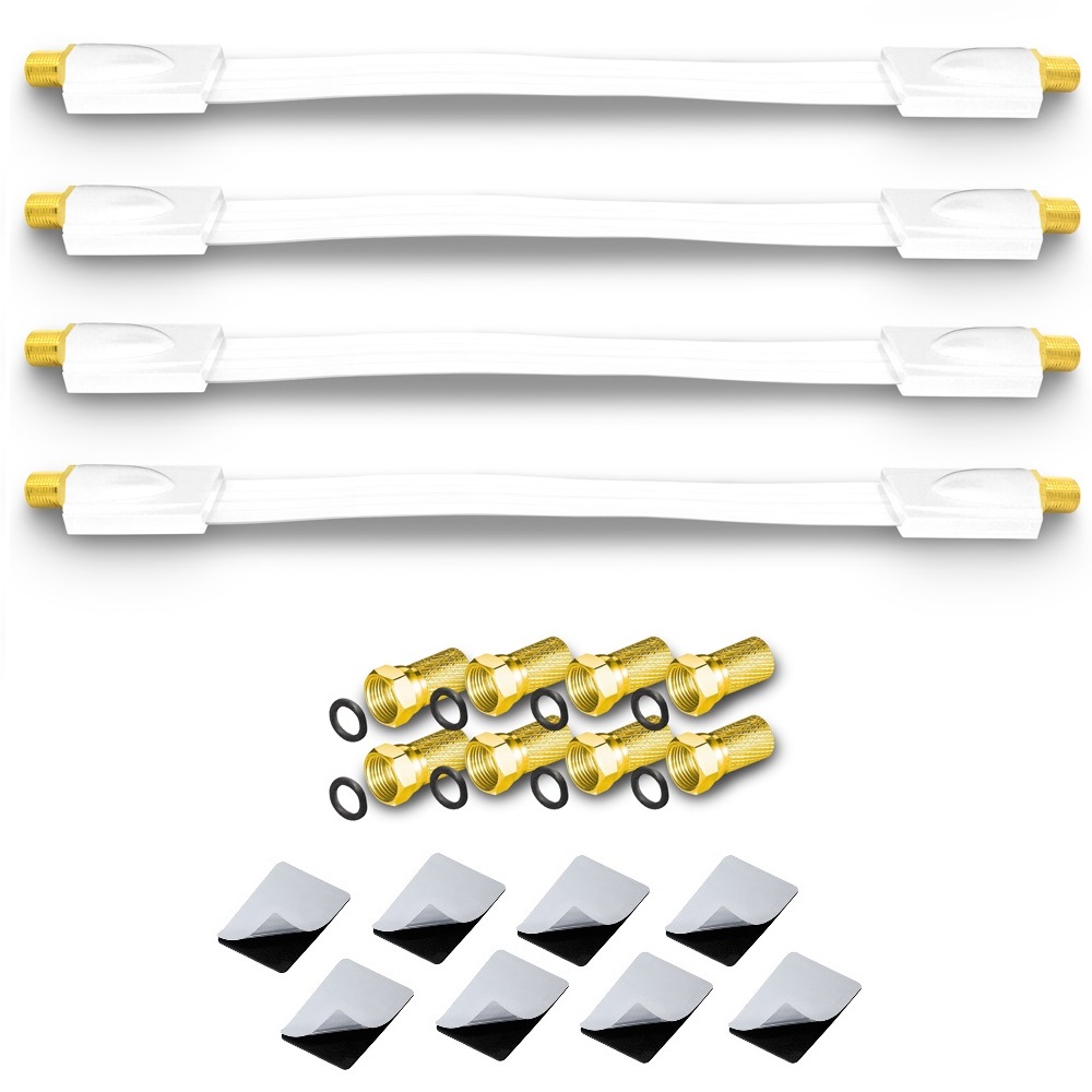 4x Fensterdurchführung UltraSlim weiss + 8x F-Stecker Fensterduchführung Flachkabel Flach Kabel Slim 20cm 26cm 30cm flexibel 2-fach Splitter Verteiler 2fach ohne Bohrung gute Schirmung Satellitenreceiver Schalter Verstärkung verstärker 3D Multischalter Te