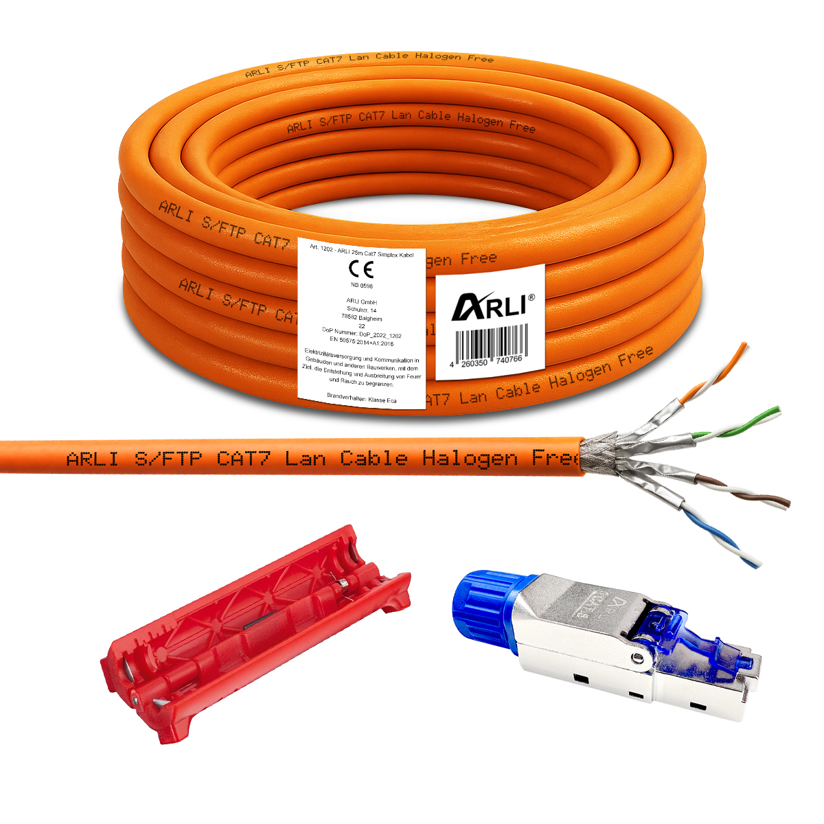 ARLI Cat7 Verlegekabel 25 m S/FTP LSZH + 2x RJ45 Cat8.1 Netzwerkstecker werkzeuglos + Abisoliermesser Ethernetkabel halogenfrei 