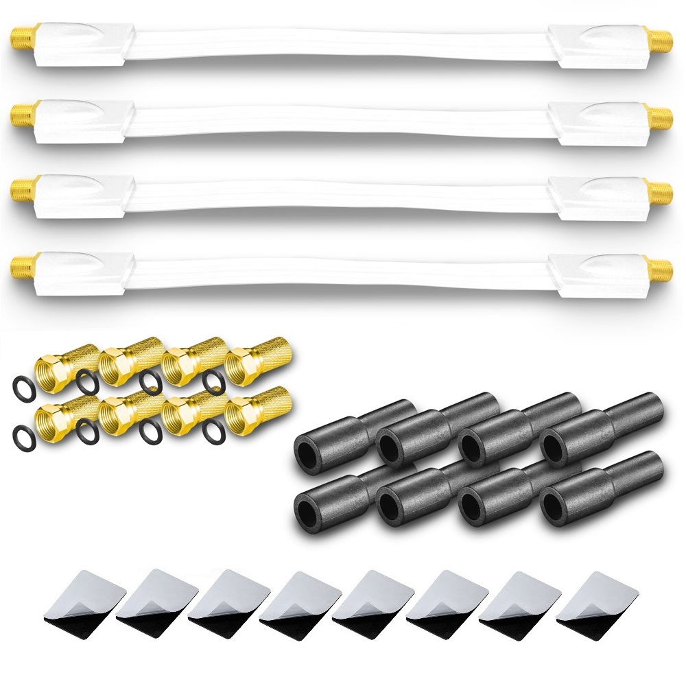 4x Fensterdurchführung UltraSlim weiss + 8x F-Stecker + 8x Gummitülle Fensterduchführung Flachkabel Flach Kabel Slim 20cm 26cm 30cm flexibel 2-fach Splitter Verteiler 2fach ohne Bohrung gute Schirmung Satellitenreceiver Schalter Verstärkung verstärker 3D 