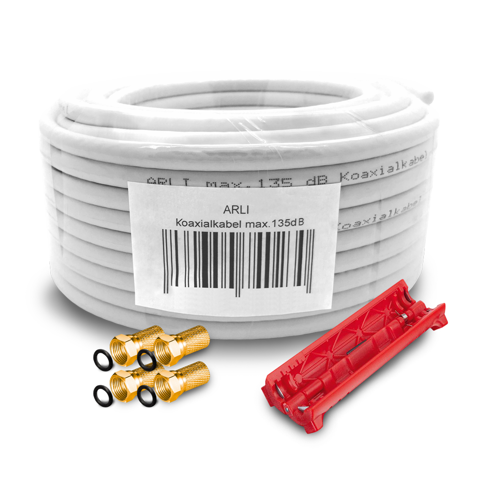 50m ARLI Koaxialkabel max. 135dB + 4x F-Stecker vergoldet + Abisoliermesser Kabel 135dB satelliten kabel digitaltauglich konfektionierte TV-Kabel DVB-S DVB-C DVB-T 4-fach 5fach schirmung meterware verlegekabel Adapter doppel schüssel 130db 120db 110db Wei