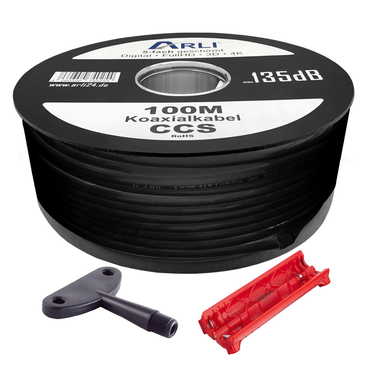 6-schwarz-100m 100m Koaxialkabel  schwarz 135 dB + Montage Werkzeug Set Kabel 135dB satelliten kabel digitaltauglich konfektionierte TV-Kabel DVB-S DVB-C DVB-T 4-fach 5fach schirmung meterware verlegekabel Adapter doppel schüssel 130db 120db 110db Weiß Internetanschluss