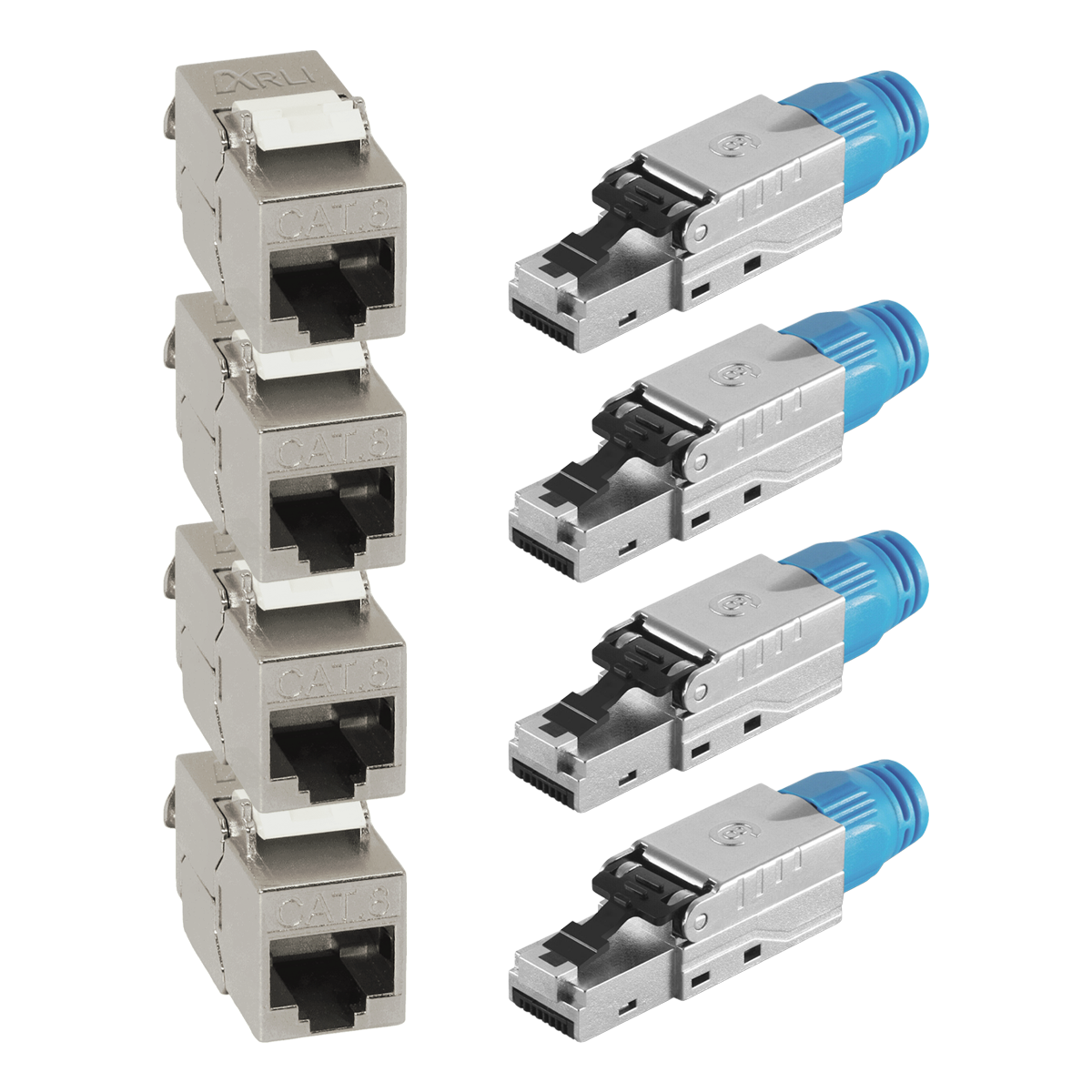 4x Cat8.1 Netzwerkstecker RJ45 Stecker + 4x Keystone Modul geschirmt - Werkzeuglose Montage