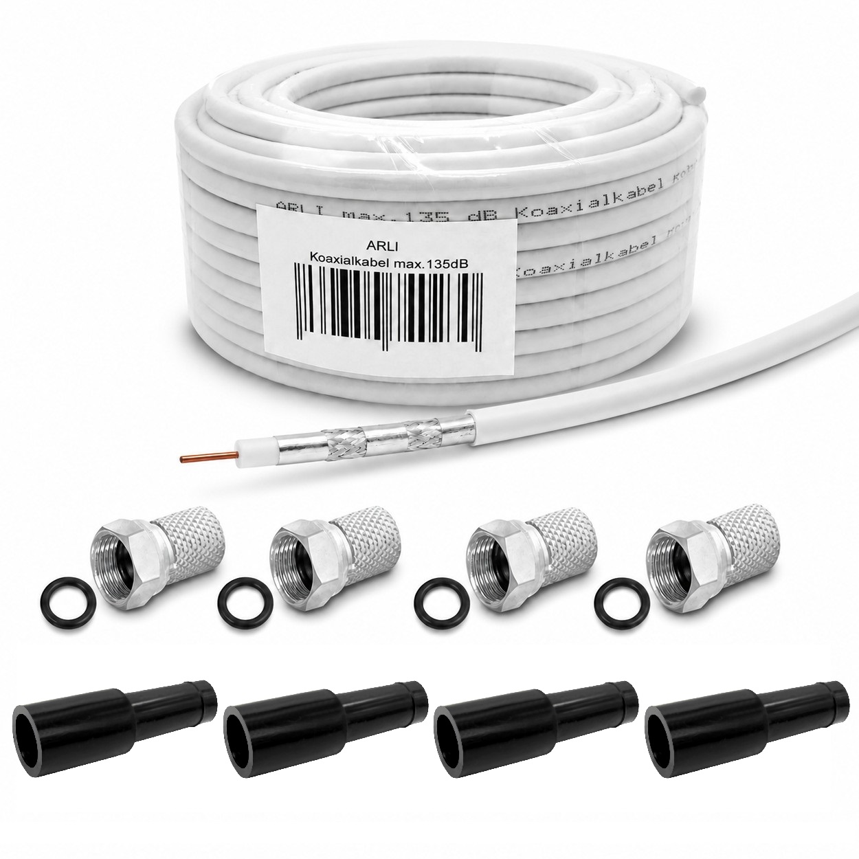 50m ARLI Koaxialkabel max. 135dB + 4x F-Stecker + 4x Gummitülle Kabel 135dB satelliten kabel digitaltauglich konfektionierte TV-Kabel DVB-S DVB-C DVB-T 4-fach 5fach schirmung meterware verlegekabel Adapter doppel schüssel 130db 120db 110db Weiß Internetan