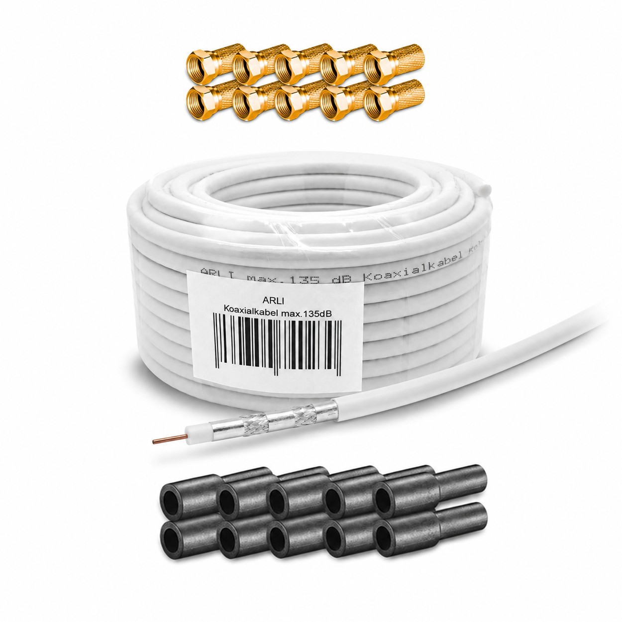 50m ARLI Koaxialkabel max. 135dB + 10x F-Stecker vergoldet + 10x Gummitülle Kabel 135dB satelliten kabel digitaltauglich konfektionierte TV-Kabel DVB-S DVB-C DVB-T 4-fach 5fach schirmung meterware verlegekabel Adapter doppel schüssel 130db 120db 110db Wei