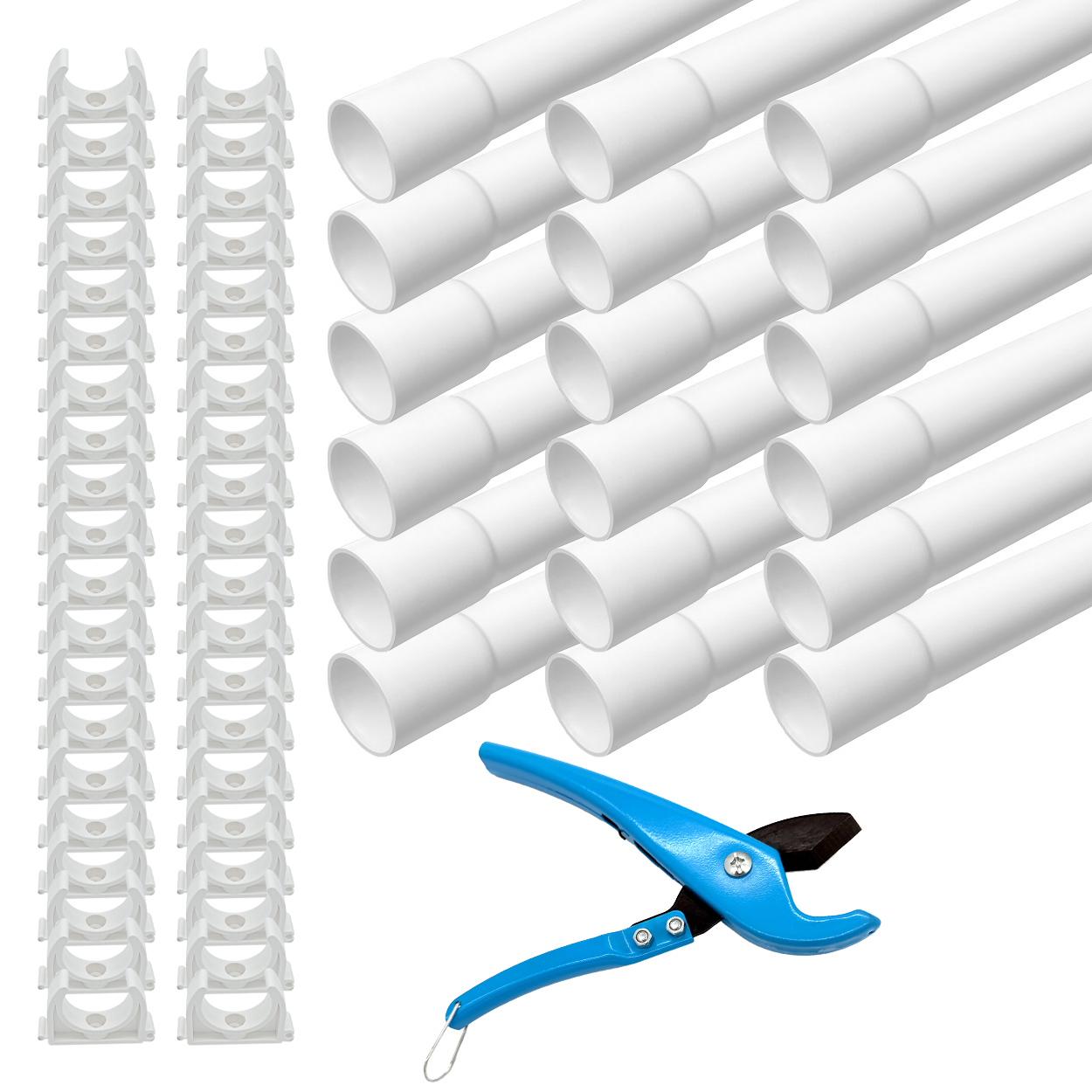 ARLI Installationsrohr M16 18 m gemufft PVC weiß mit 40 Klemmschellen und Rohrschneider Kabelrohr starr 16 mm Set