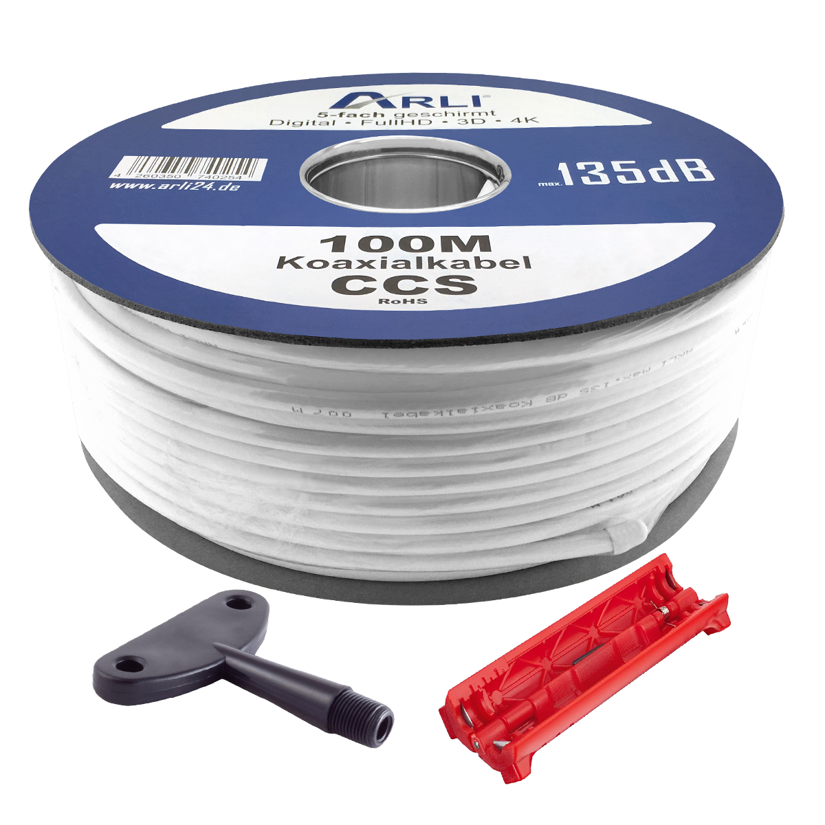 Koaxialkabel-100-WZ 100m ARLI Koaxialkabel max. 135dB + Montage Werkzeug-Set Kabel 135dB satelliten kabel digitaltauglich konfektionierte TV-Kabel DVB-S DVB-C DVB-T 4-fach 5fach schirmung meterware verlegekabel Adapter doppel schüssel 130db 120db 110db Weiß Internetanschluss