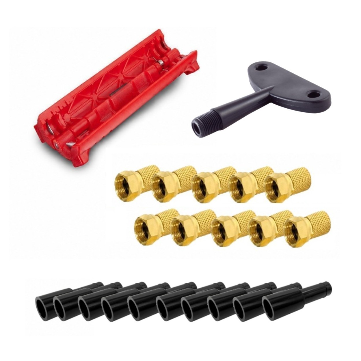 ARLI Kabel Montage Werkzeug Set – Abisoliermesser + Aufdrehhilfe + 10x F-Stecker vergoldet + 10 Gummitüllen