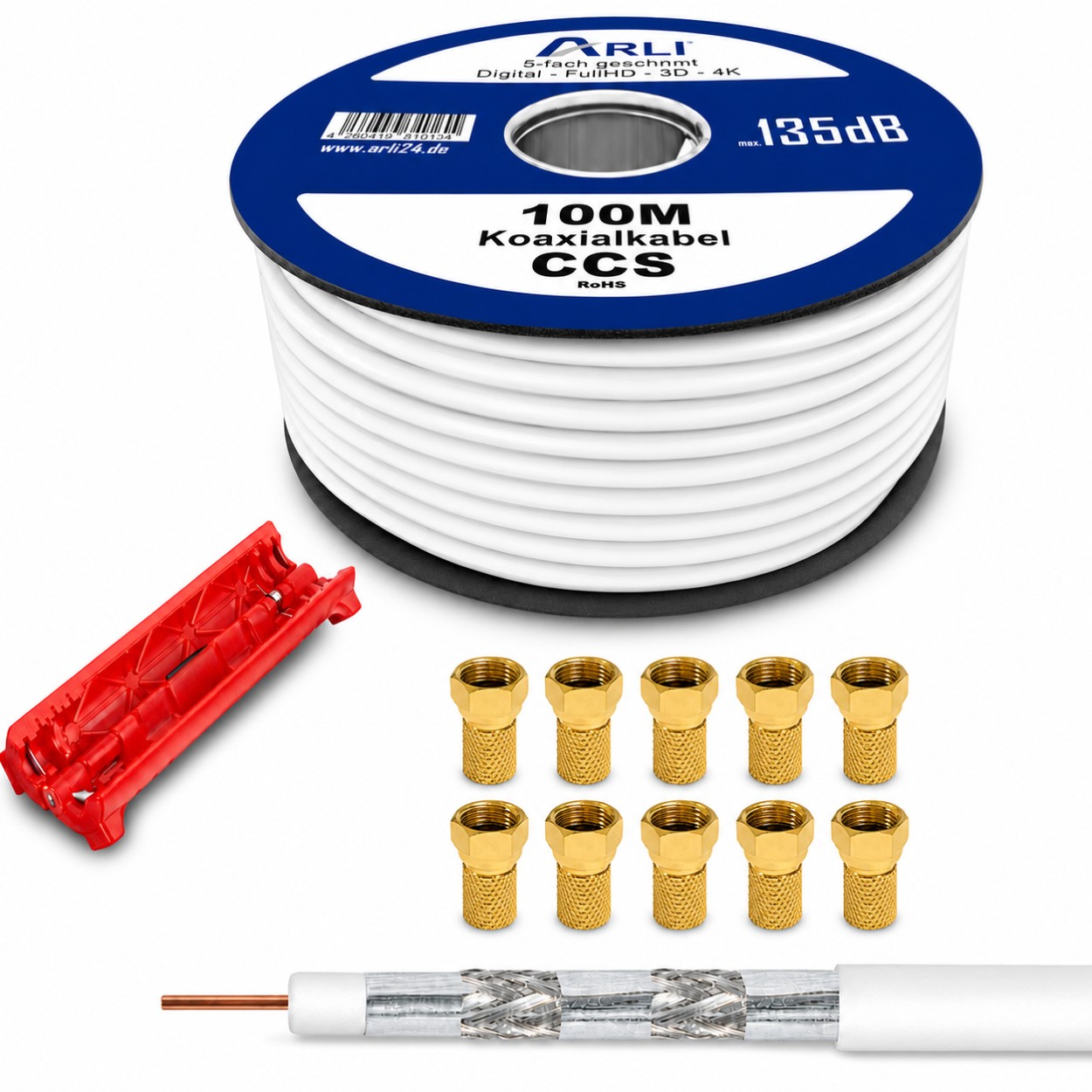 100m ARLI Koaxialkabel – max. 135 dB 5-fach geschirmt + Abisoliermesser & 10x F-Stecker vergoldet