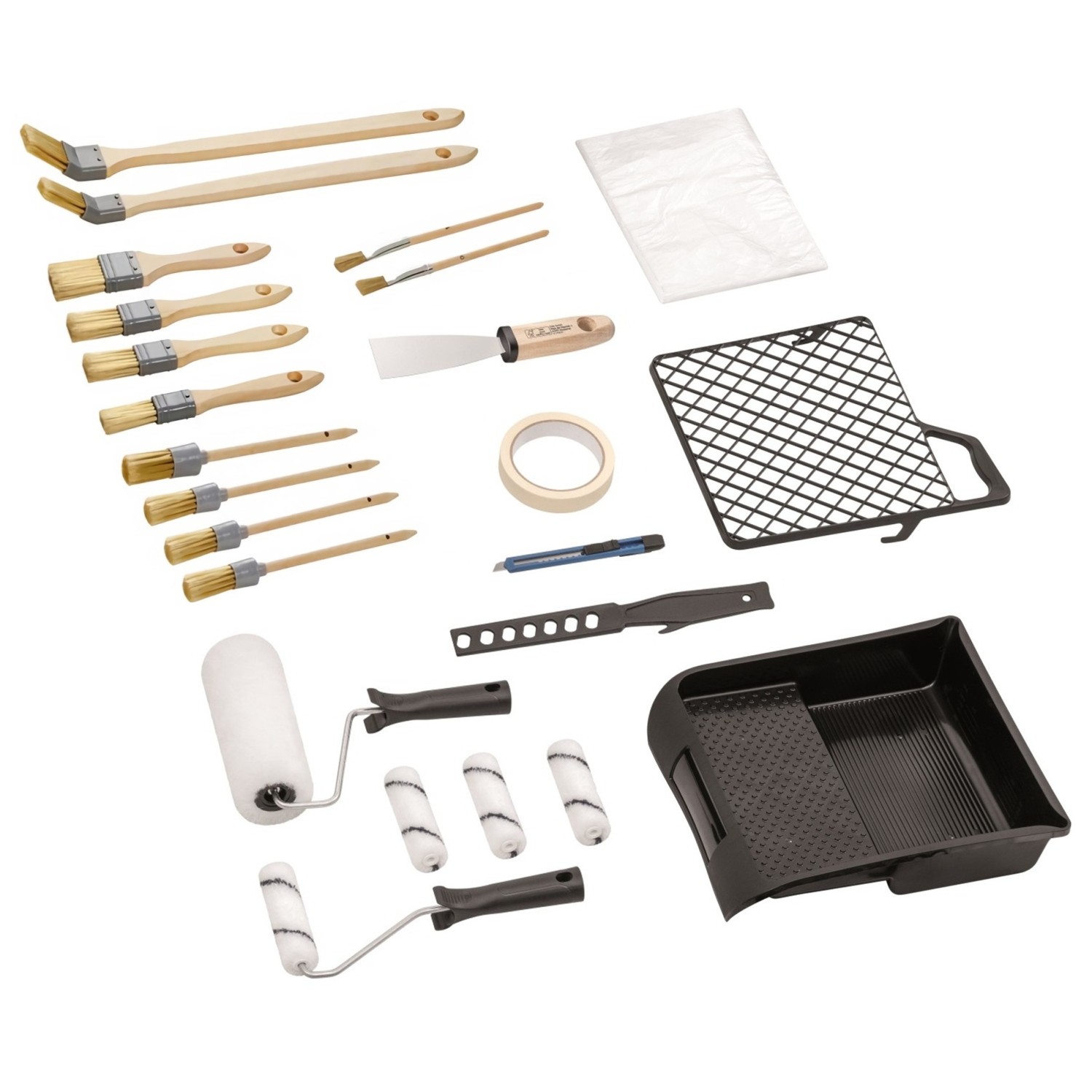 Maler und Renovier Set Komplettset mit Farbwalzen Pinseln Abdeckfolie Kreppband Spachtel Farbwanne Abstreifgitter Kopie