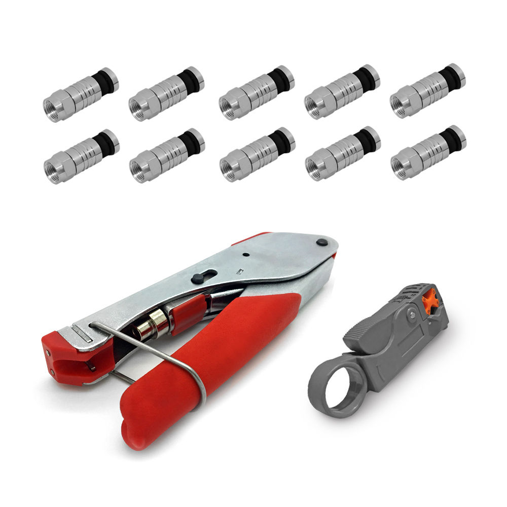 Kompressionszange-Klein-Abisolierer-Kompressionsstecker-10 Kompressionszange klein + Abisoliermesser + 10x F-Kompressionsstecker Kompressionsstecker vergoldet gold Kompressionszange kleine Ausführung Crimpzange crimpen Presszange Wasserdicht montieren Kabel 135dB satelliten kabel digitaltauglich konfektionierte T