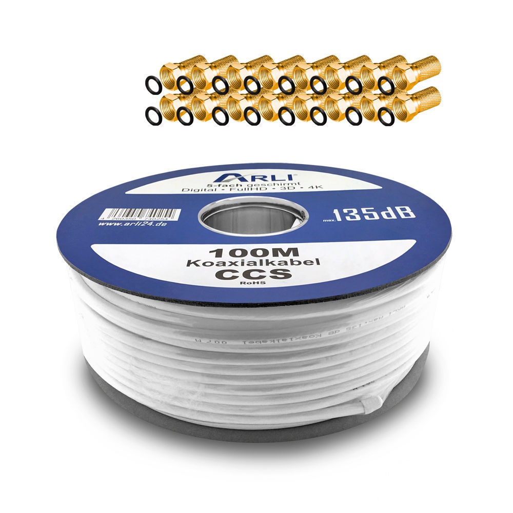 Koaxialkabel-100-100FSG 100m ARLI Koaxialkabel max. 135dB + 100x F-Stecker vergoldet Kabel 135dB satelliten kabel digitaltauglich konfektionierte TV-Kabel DVB-S DVB-C DVB-T 4-fach 5fach schirmung meterware verlegekabel Adapter doppel schüssel 130db 120db 110db Weiß Internetansch