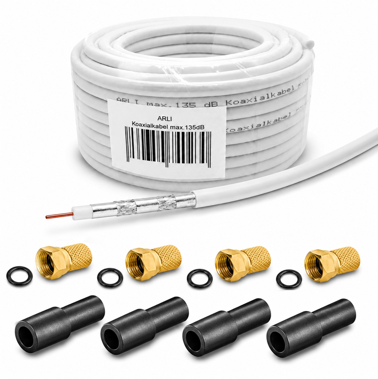50m ARLI Koaxialkabel max. 135dB + 4x F-Stecker vergoldet + 4x Gummitülle Kabel 135dB satelliten kabel digitaltauglich konfektionierte TV-Kabel DVB-S DVB-C DVB-T 4-fach 5fach schirmung meterware verlegekabel Adapter doppel schüssel 130db 120db 110db Weiß