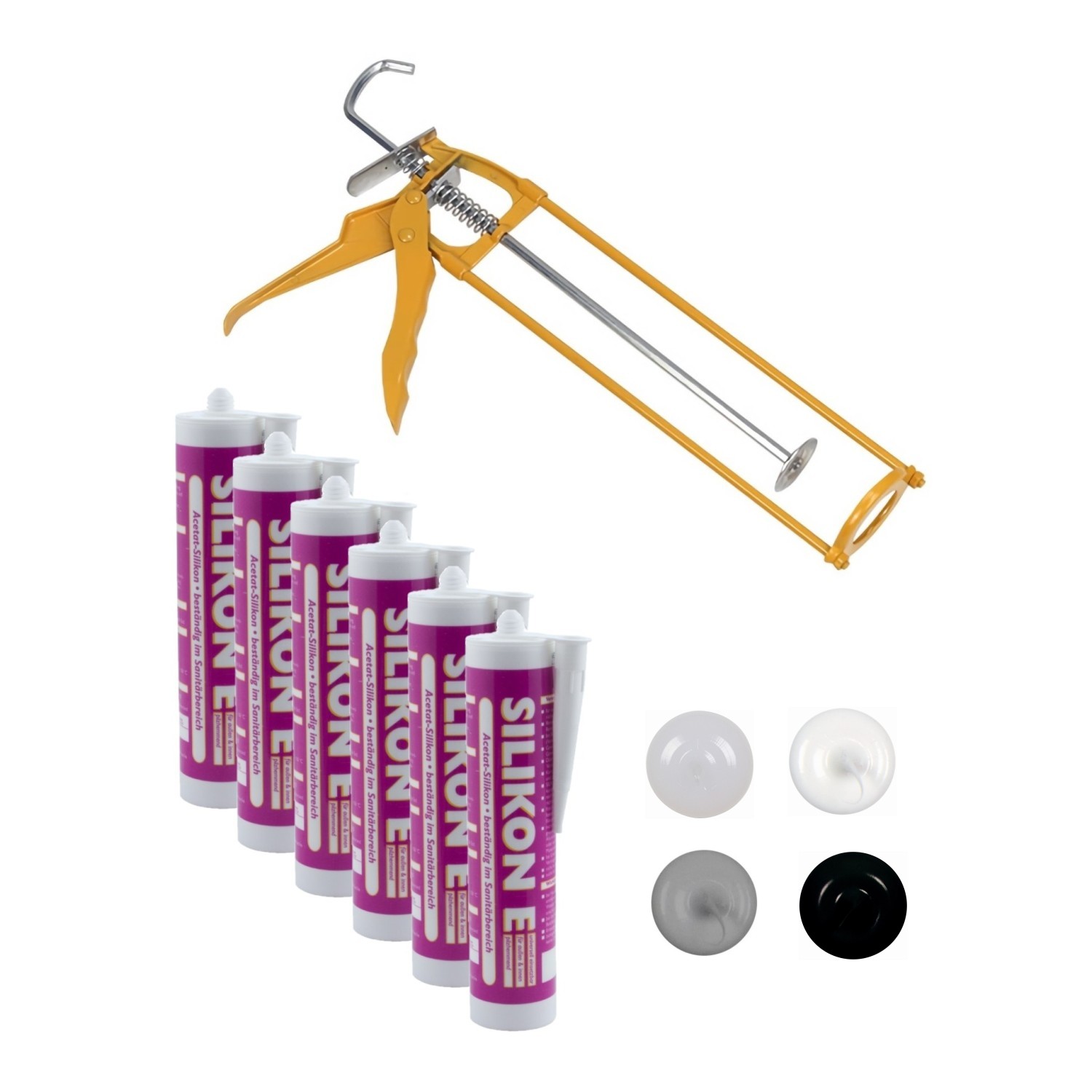 ARLI Kartuschenpresse aus Metall + 6x Silikon 310 ml Fugendicht Dichtstoff Set für Bad Küche Fenster Abdichtung