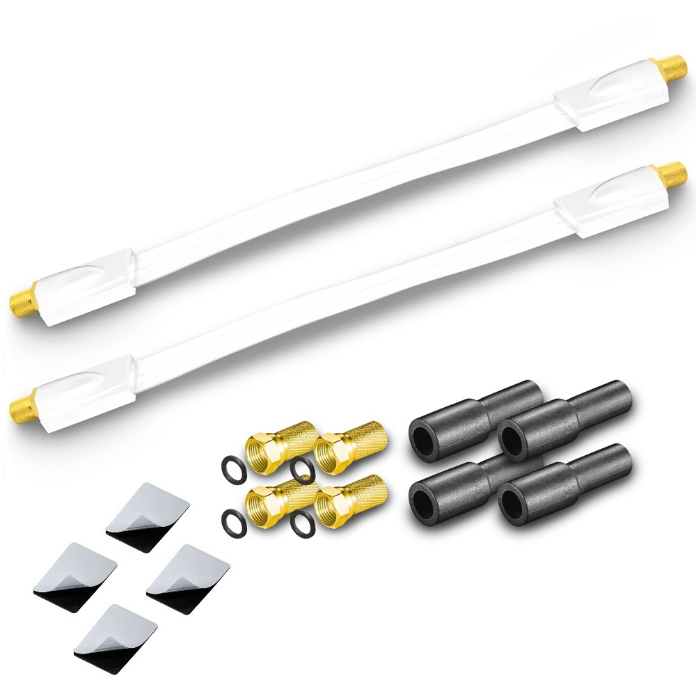 2x Sat HD Fensterdurchführung UltraSlim weiss + 4x F-Stecker 4x Gummitülle Fensterduchführung Flachkabel Flach Kabel Slim 20cm 26cm 30cm flexibel 2-fach Splitter Verteiler 2fach ohne Bohrung gute Schirmung Satellitenreceiver Schalter Verstärkung verstärke