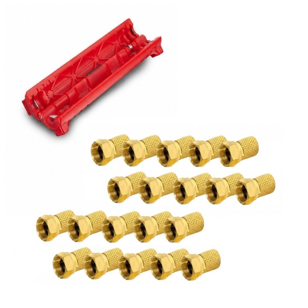 ARLI Abisoliermesser + 20x F - Stecker vergoldet Kompressionsstecker vergoldet gold Kompressionszange kleine Ausführung Crimpzange crimpen Presszange Wasserdicht montieren Kabel 135dB satelliten kabel digitaltauglich konfektionierte TV-Kabel DVB-S DVB-C D