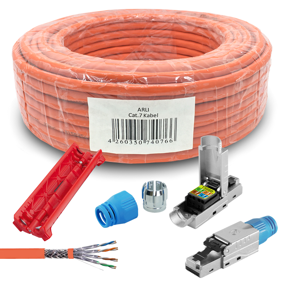 ARLI Verlegekabel Cat7 25m + 2x RJ45 Netzwerkstecker CAT8.1 Werkzeuglose Montage + Abisoliermesser