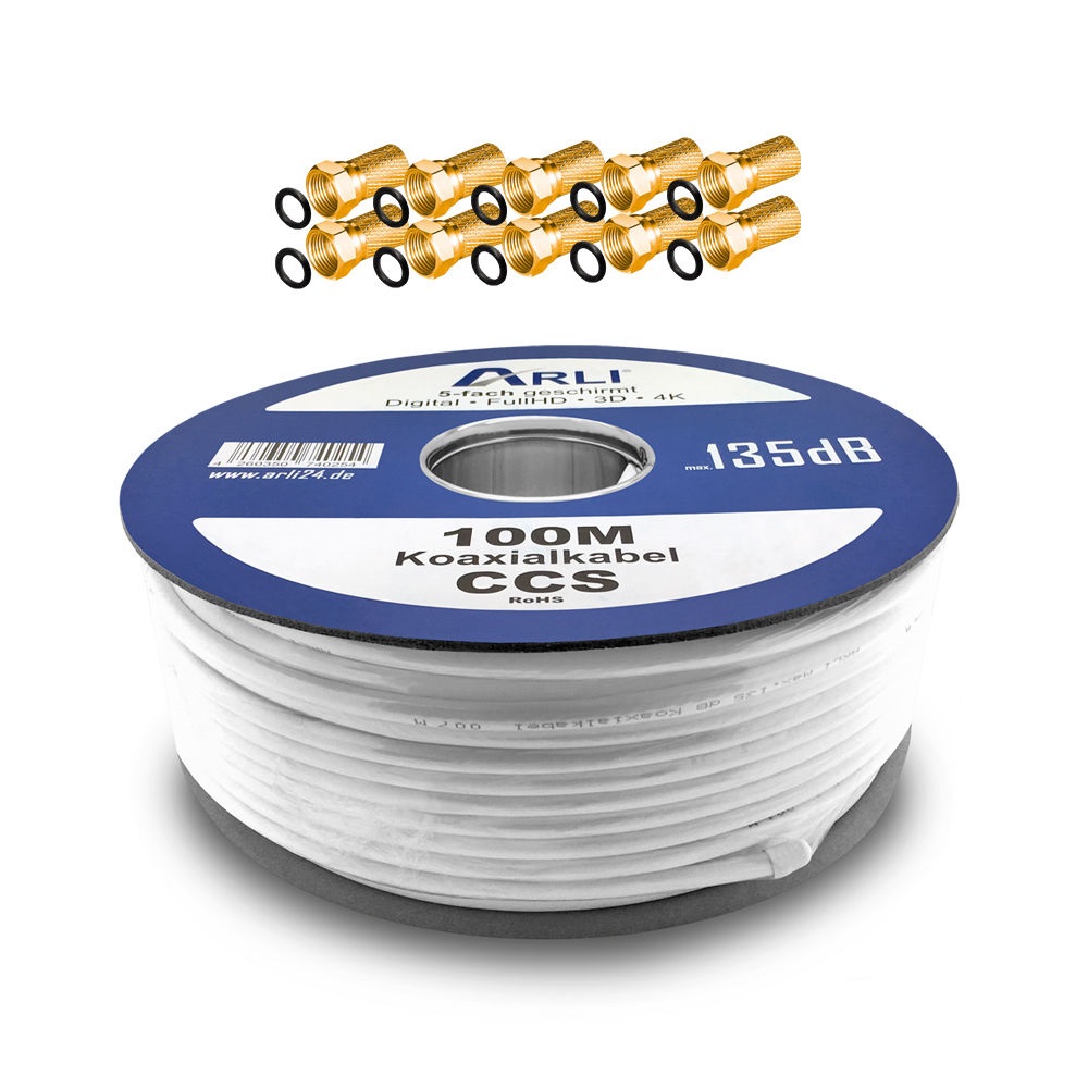 Koaxialkabel-100-10FSG 100m ARLI Koaxialkabel max. 135dB + 10x F-Stecker vergoldet Kabel 135dB satelliten kabel digitaltauglich konfektionierte TV-Kabel DVB-S DVB-C DVB-T 4-fach 5fach schirmung meterware verlegekabel Adapter doppel schüssel 130db 120db 110db Weiß Internetanschl