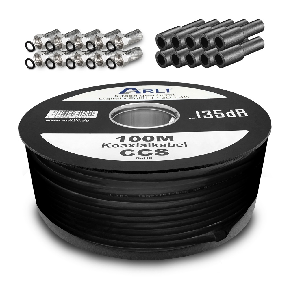 5-schwarz-100m 100m Koaxialkabel schwarz 135 dB 10x F Stecker + Gummitülle Kabel 135dB satelliten kabel digitaltauglich konfektionierte TV-Kabel DVB-S DVB-C DVB-T 4-fach 5fach schirmung meterware verlegekabel Adapter doppel schüssel 130db 120db 110db Weiß Internetanschl