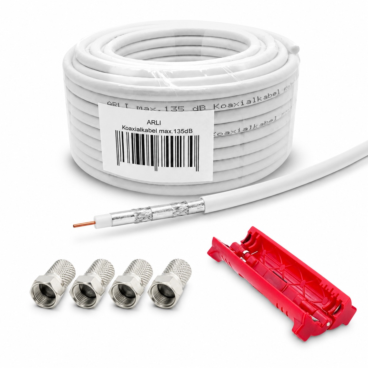 50m ARLI Koaxialkabel max. 135dB + 4x F-Stecker + Abisoliermesser Kabel 135dB satelliten kabel digitaltauglich konfektionierte TV-Kabel DVB-S DVB-C DVB-T 4-fach 5fach schirmung meterware verlegekabel Adapter doppel schüssel 130db 120db 110db Weiß Internet