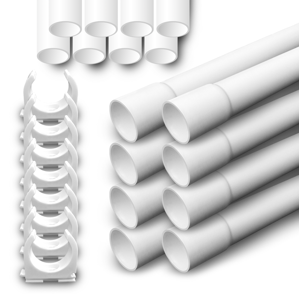 M20-SET arli pvc rohr kabelrohr kabelkanal leerrohr m20 Installationskanal Wandmontage kunststoffrohr rohre Elektro außen aussen innen wand allzweck Netzwerkkabel Stromkabel elektrokabel elektro leitungen elektroinstallation schelle Industrie klemmschelle