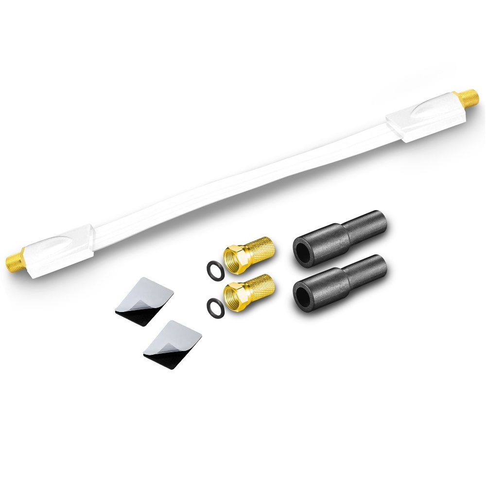 Fensterdurchführung UltraSlim weiss + 2x F-Stecker 2x Gummitülle Fensterduchführung Flachkabel Flach Kabel Slim 20cm 26cm 30cm flexibel 2-fach Splitter Verteiler 2fach ohne Bohrung gute Schirmung Satellitenreceiver Schalter Verstärkung verstärker 3D Multi