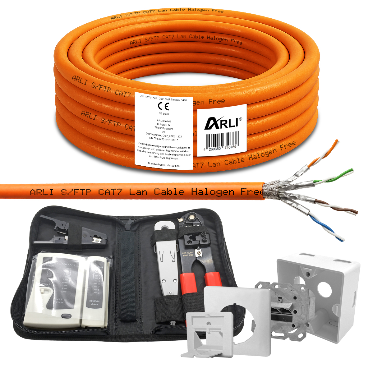 ARLI 25 m Cat7 Verlegekabel S/FTP LSZH + Cat6a Netzwerkdose + Werkzeug Set mit Crimpzange LSA Tester