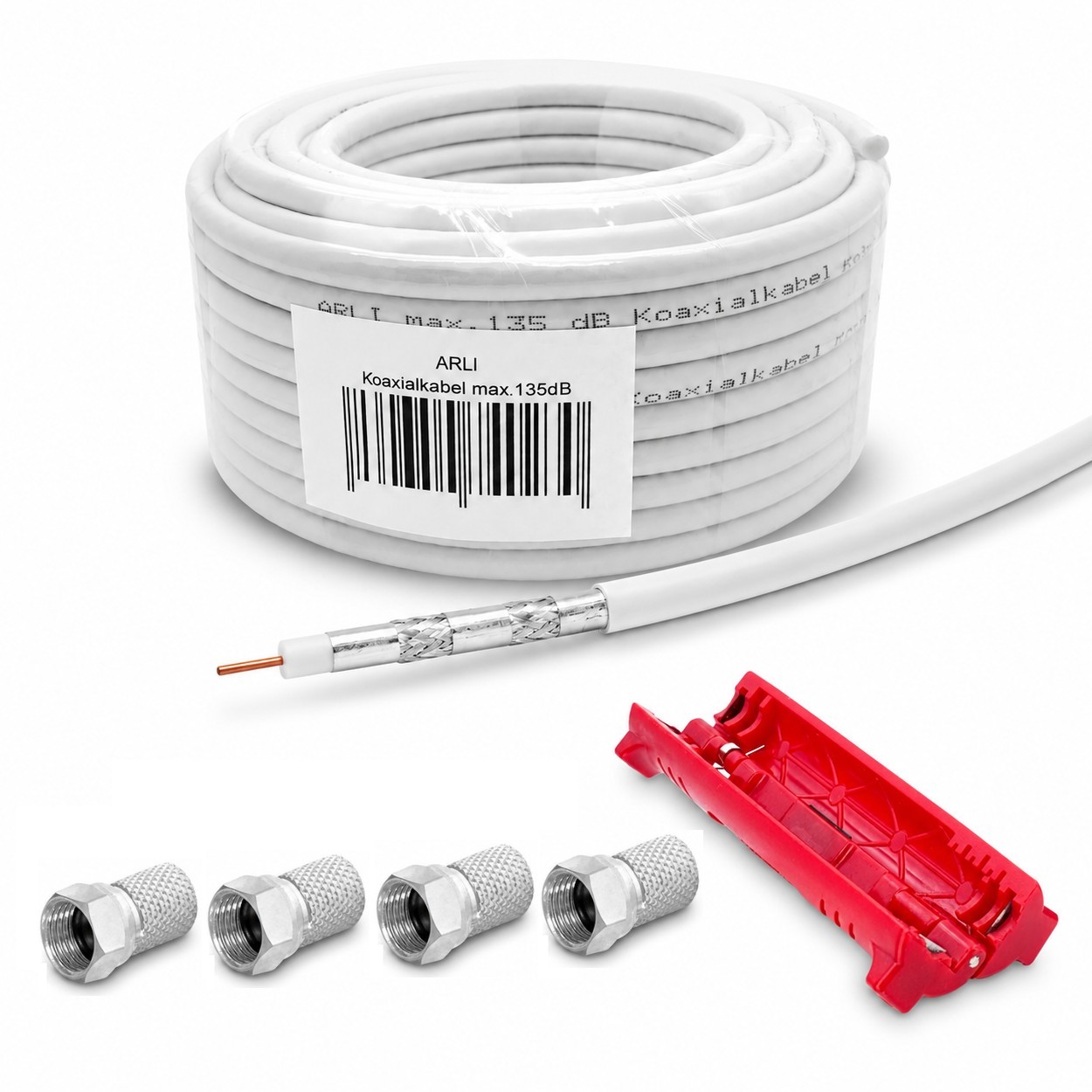 50m ARLI Koaxialkabel max. 135dB + 4x F-Stecker + Abisoliermesser Kabel 135dB satelliten kabel digitaltauglich konfektionierte TV-Kabel DVB-S DVB-C DVB-T 4-fach 5fach schirmung meterware verlegekabel Adapter doppel schüssel 130db 120db 110db Weiß Internet
