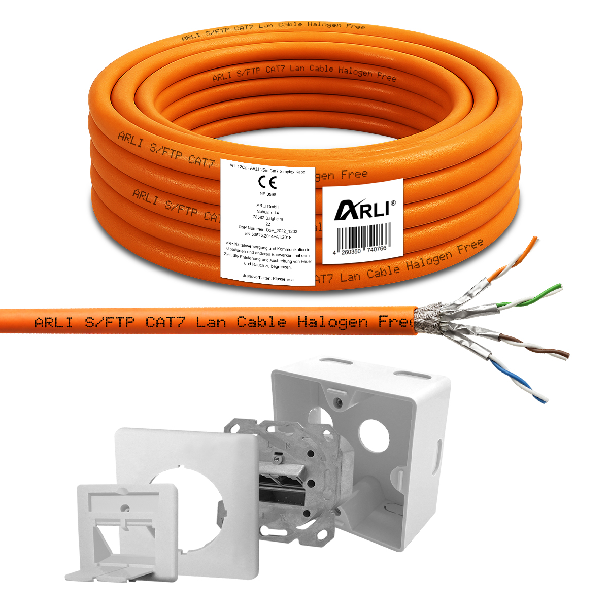 ARLI 25 m Cat7 Verlegekabel S/FTP LSZH + 1x Cat6a Netzwerkdose – Netzwerkkabel Set