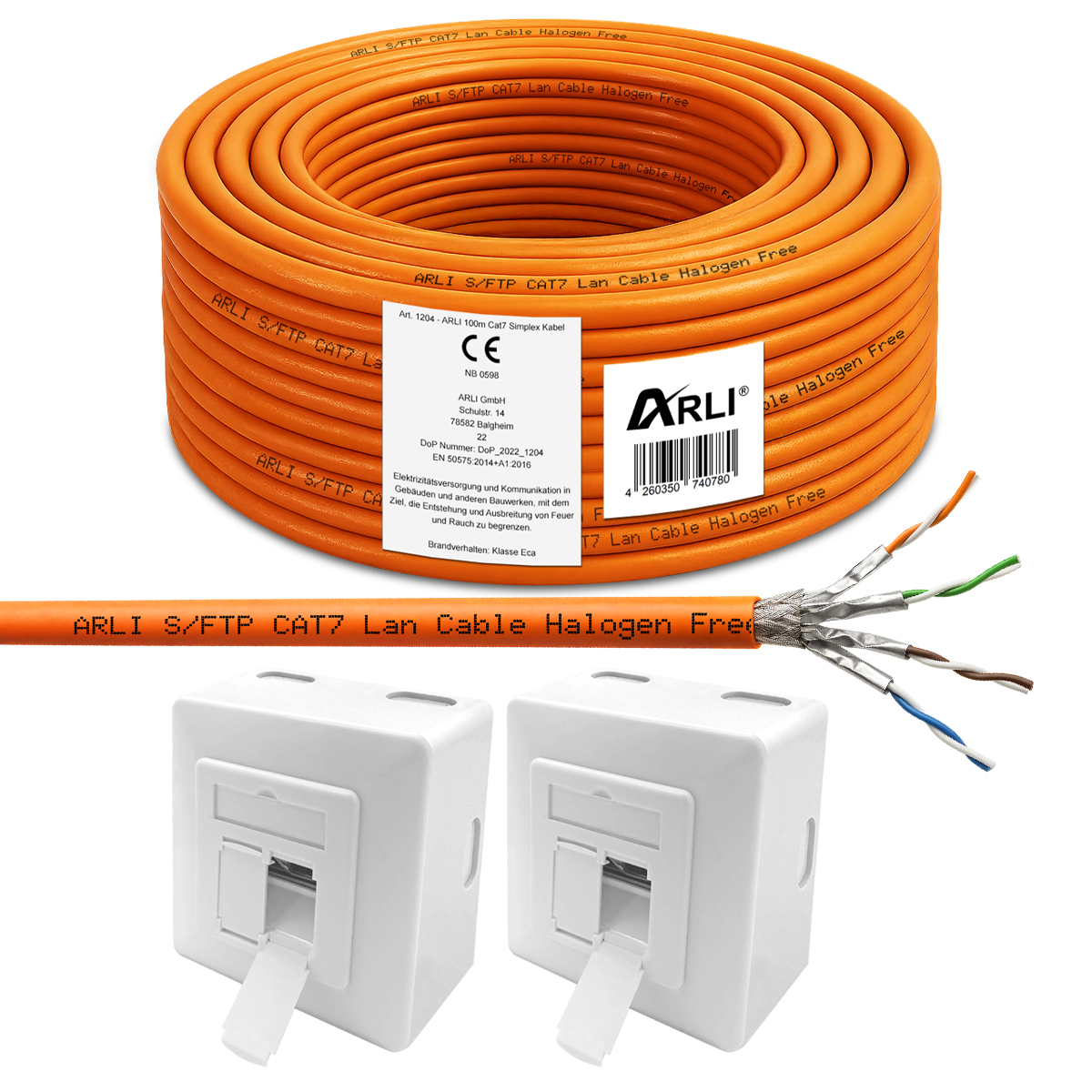 ARLI 100 m Cat7 Verlegekabel S/FTP LSZH PIMF + 2x Cat6a Netzwerkdose – halogenfreies Netzwerkkabel