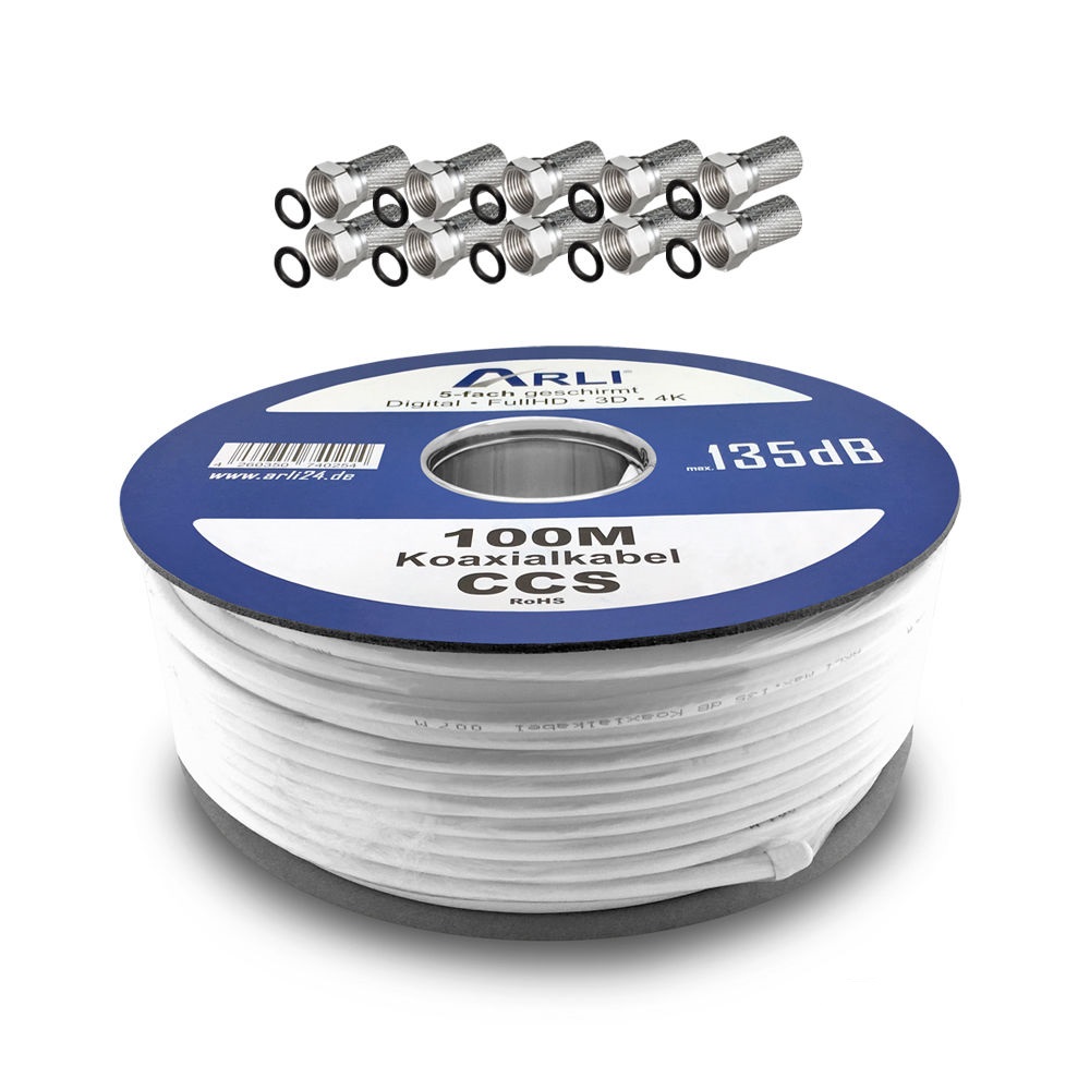 Koaxialkabel-100-10FS59381d7ba0da1 100m ARLI Koaxialkabel max. 135dB + 100x F-Stecker Kabel 135dB satelliten kabel digitaltauglich konfektionierte TV-Kabel DVB-S DVB-C DVB-T 4-fach 5fach schirmung meterware verlegekabel Adapter doppel schüssel 130db 120db 110db Weiß Internetanschluss Kabel