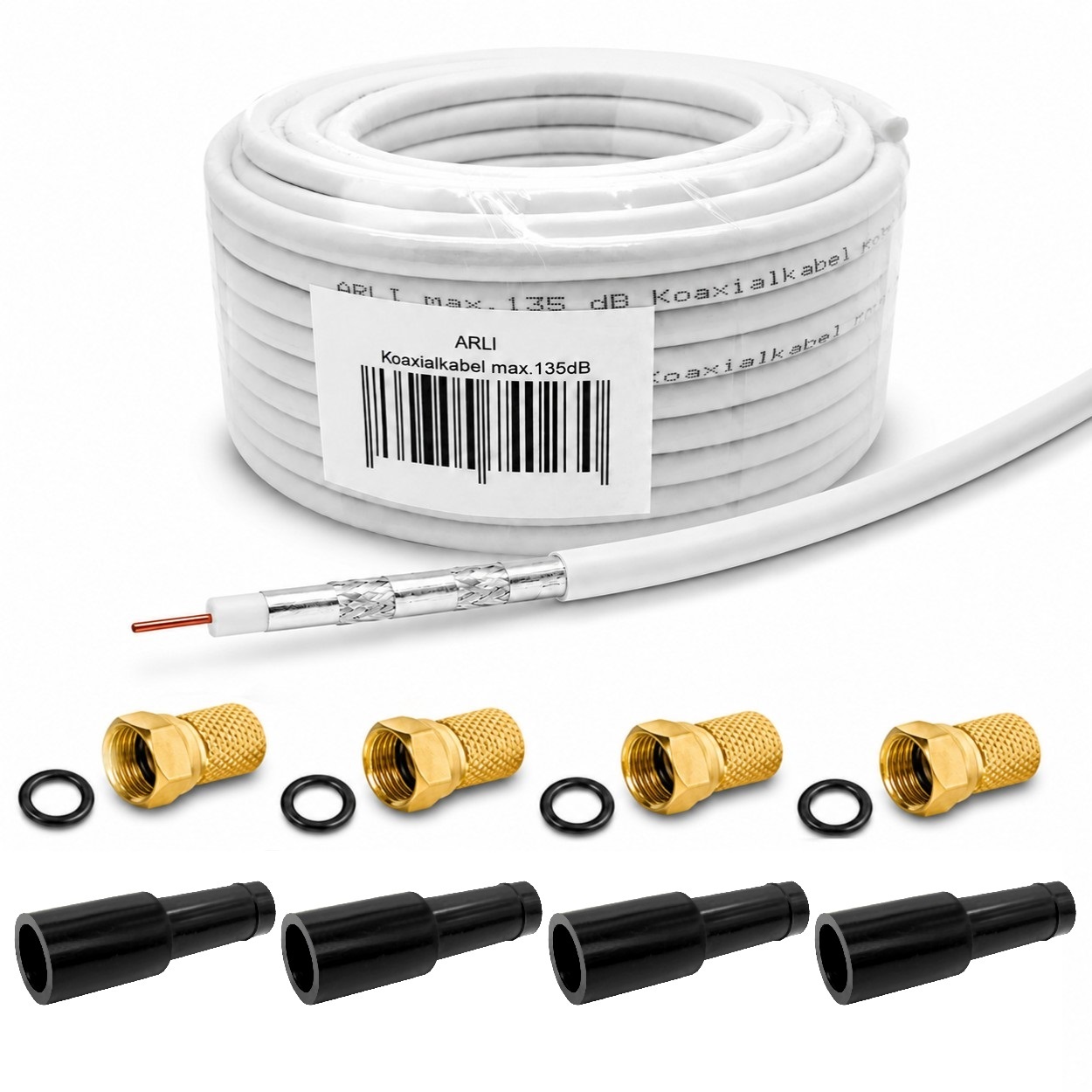 50m ARLI Koaxialkabel max. 135dB + 4x F-Stecker vergoldet + 4x Gummitülle Kabel 135dB satelliten kabel digitaltauglich konfektionierte TV-Kabel DVB-S DVB-C DVB-T 4-fach 5fach schirmung meterware verlegekabel Adapter doppel schüssel 130db 120db 110db Weiß