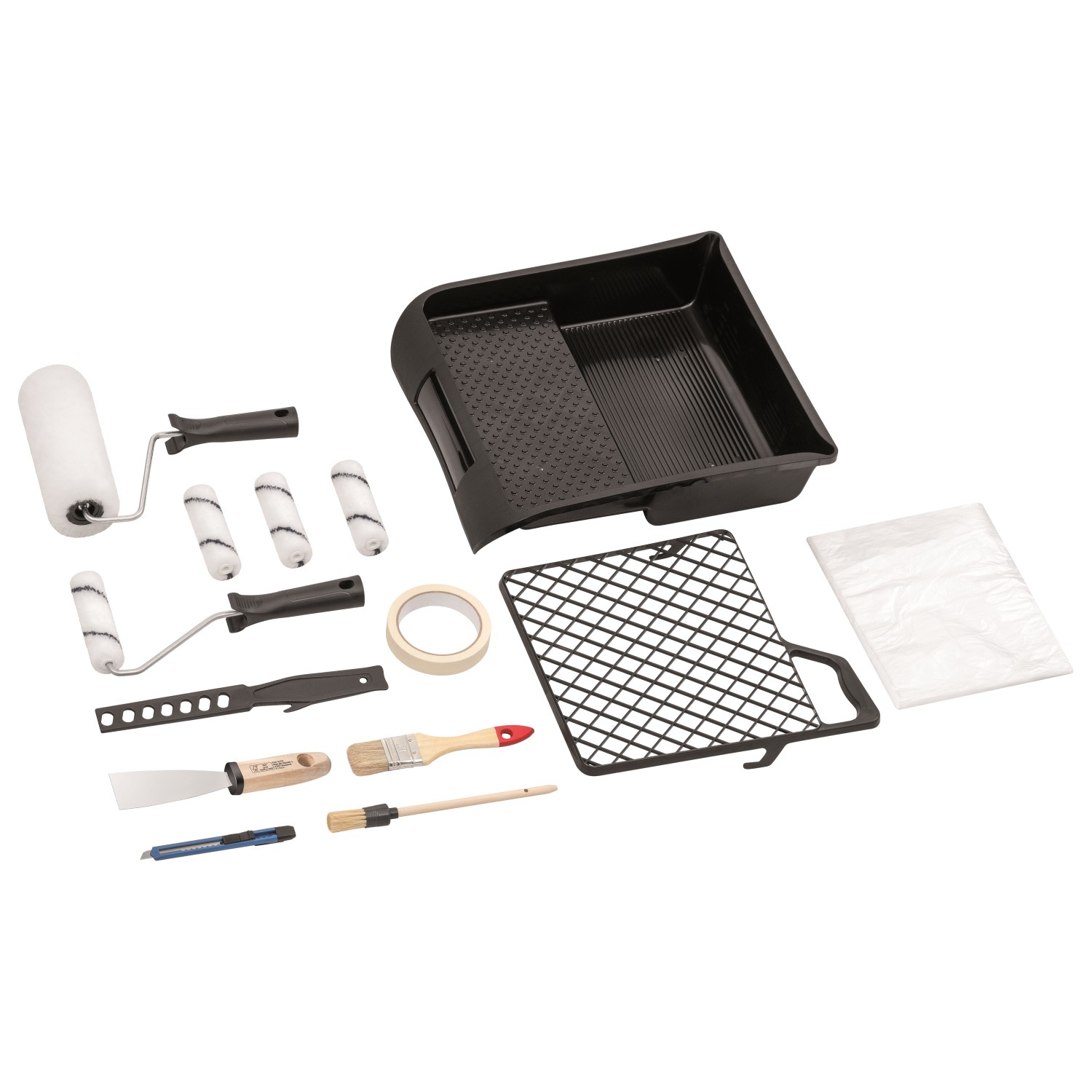 Maler und Renovier Set 15 teilig Komplettset mit Farbwalzen Pinseln Abdeckfolie Kreppband Spachtel Farbwanne Abstreifgitter Maler und Renovier Set 15 teilig Komplettset mit Farbwalzen Pinseln Abdeckfolie Kreppband Spachtel Farbwanne Abstreifgitter