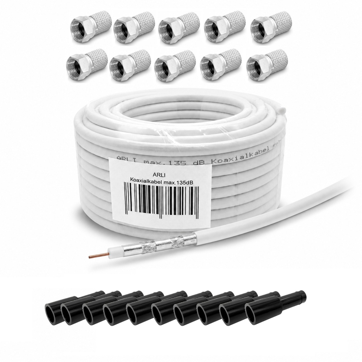 50m ARLI Koaxialkabel max. 135dB + 10x F-Stecker + 10x Gummitülle Kabel 135dB satelliten kabel digitaltauglich konfektionierte TV-Kabel DVB-S DVB-C DVB-T 4-fach 5fach schirmung meterware verlegekabel Adapter doppel schüssel 130db 120db 110db Weiß Internet