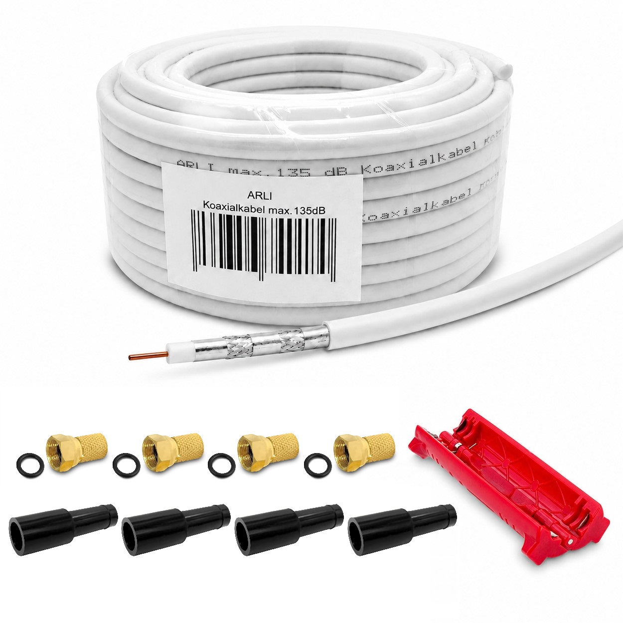 50m ARLI Koaxialkabel max. 135dB + 4x F-Stecker vergoldet + 4x Gummitülle + Abisoliermesser Kabel 135dB satelliten kabel digitaltauglich konfektionierte TV-Kabel DVB-S DVB-C DVB-T 4-fach 5fach schirmung meterware verlegekabel Adapter doppel schüssel 130db