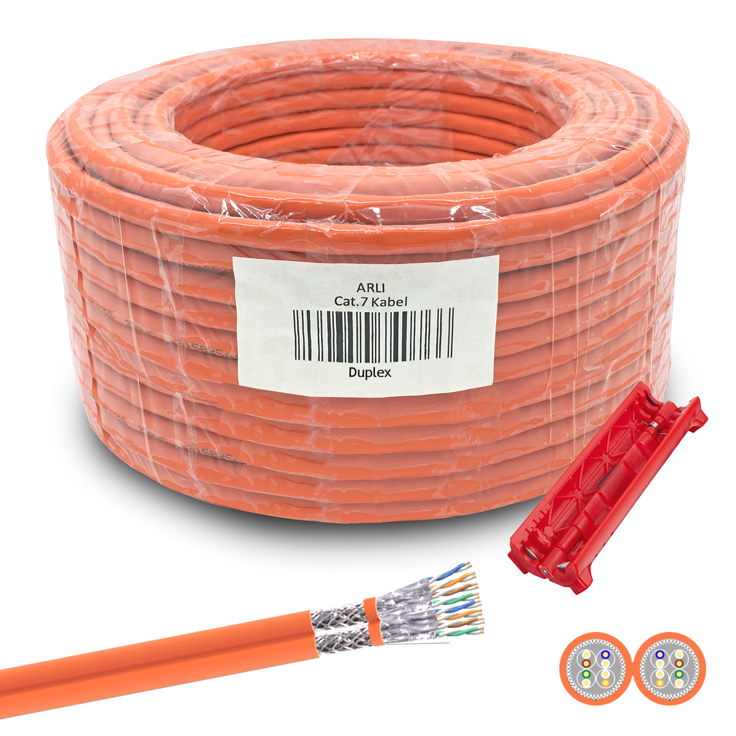 arli lan kabel 100m  duplex netzwerkkabel abisoliermesser ethernet cat 7 cat6a patchkabel lankabel verlegekabel verlege datenkabel kat7 kat intallationskabel patchpanel netzwerkdose netzwerkschrank server orange rj45 stecker AWG23