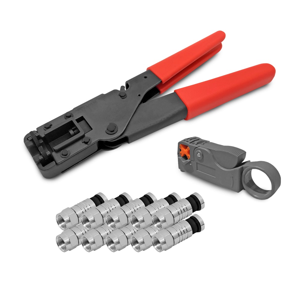 Kompressionszange-Abisolierer-Kompressionsstecker-10 Kompressionszange + Abisoliermesser + 10x F Kompressionsstecker Kompressionsstecker vergoldet gold Kompressionszange kleine Ausführung Crimpzange crimpen Presszange Wasserdicht montieren Kabel 135dB satelliten kabel digitaltauglich konfektionierte TV-Kabe