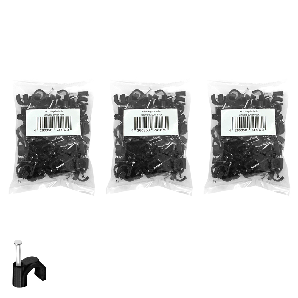 3xNagelschelle-schwarz-1 Nagelschelle-Kabelschelle-weiss-schwarz-Rundschelle -Kabel-Schelle-ARLI