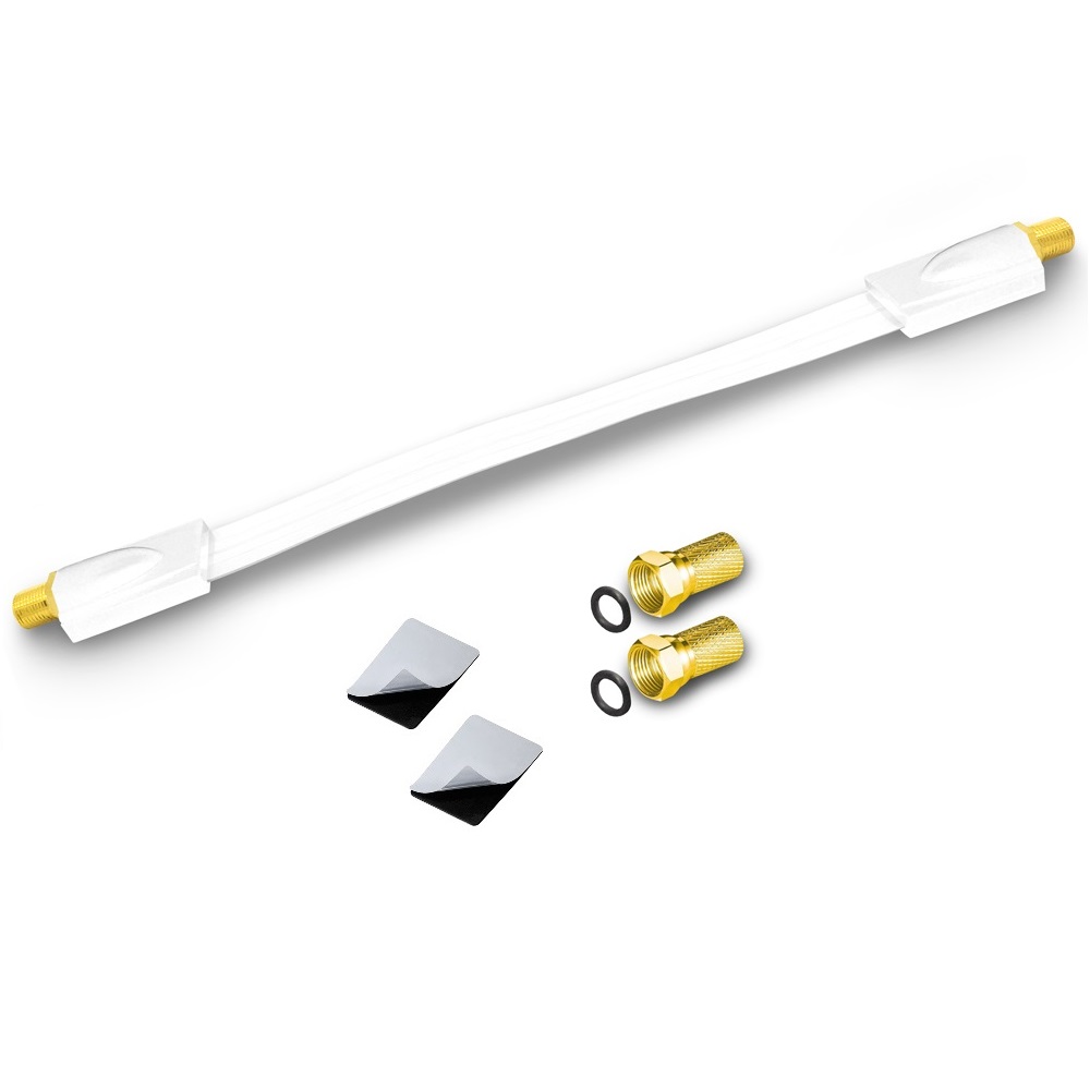 Fensterdurchführung UltraSlim weiss vergoldet + 2x F-Stecker Fensterduchführung Flachkabel Flach Kabel Slim 20cm 26cm 30cm flexibel 2-fach Splitter Verteiler 2fach ohne Bohrung gute Schirmung Satellitenreceiver Schalter Verstärkung verstärker 3D Multischa