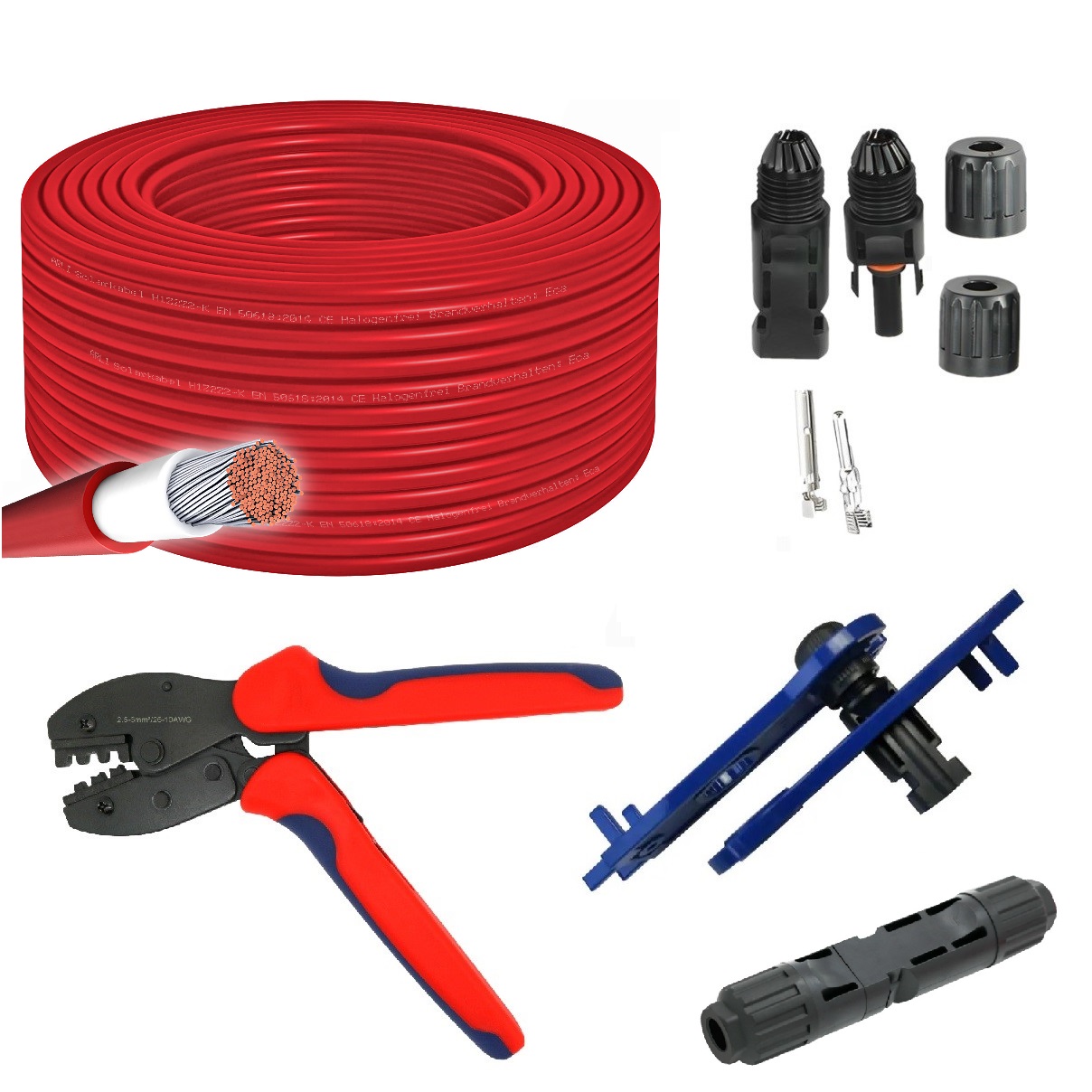 100m Solarkabel 4 mm² H1Z2Z2-K rot + Crimpzange + 10 Paar Solarstecker Solar Kabel Werkzeug Set